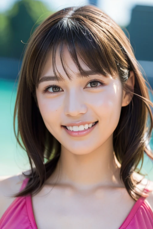 Photorealistic、Masseter region、Highest quality、High resolution、RAW Photos、Genuine、Bright lighting、Face Light、Smooth Professional Lighting、Japanese women、Beautiful woman、Just the right breasts、Bikini swimsuit、The background is the seaside、Smiling and looking at camera、Cute face