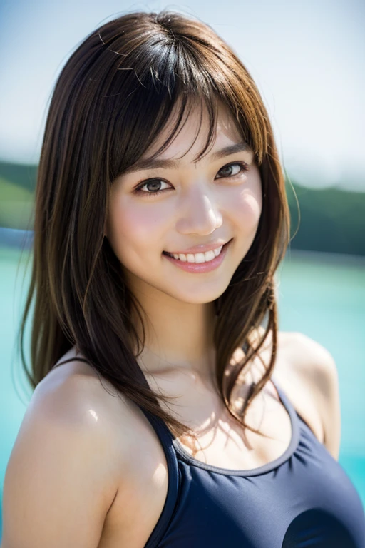 realistic, 1 girl, shining eyes, smile、brown hair、Ultra high definition、cleavage、bathing in a hot spring、Japanese hot springs、dark night、moon、bedrock、brown hair