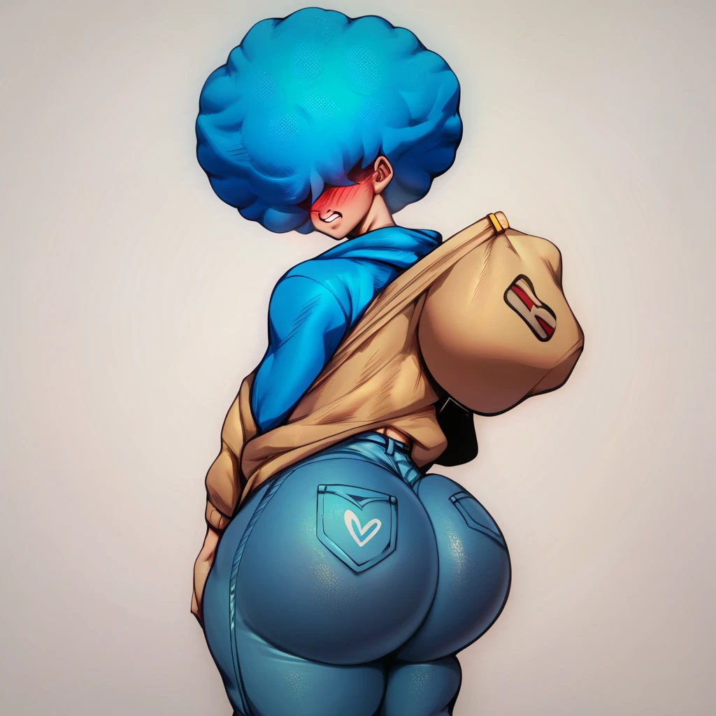 May,blue hair,dreadlocks,hair bun,black eyes,glasses,wooden joints, looking back, light smile,
standing,upper body,smiling,solo,from behind,tight,ass,
yellow shirt,blue pants with stiches,yellow hair ribbon,short sleeves,
large toy room,toy body size,
(insanely detailed, beautiful detailed face, masterpiece, best quality) solo, no humans,
<lora:May-10v6:0.7>,