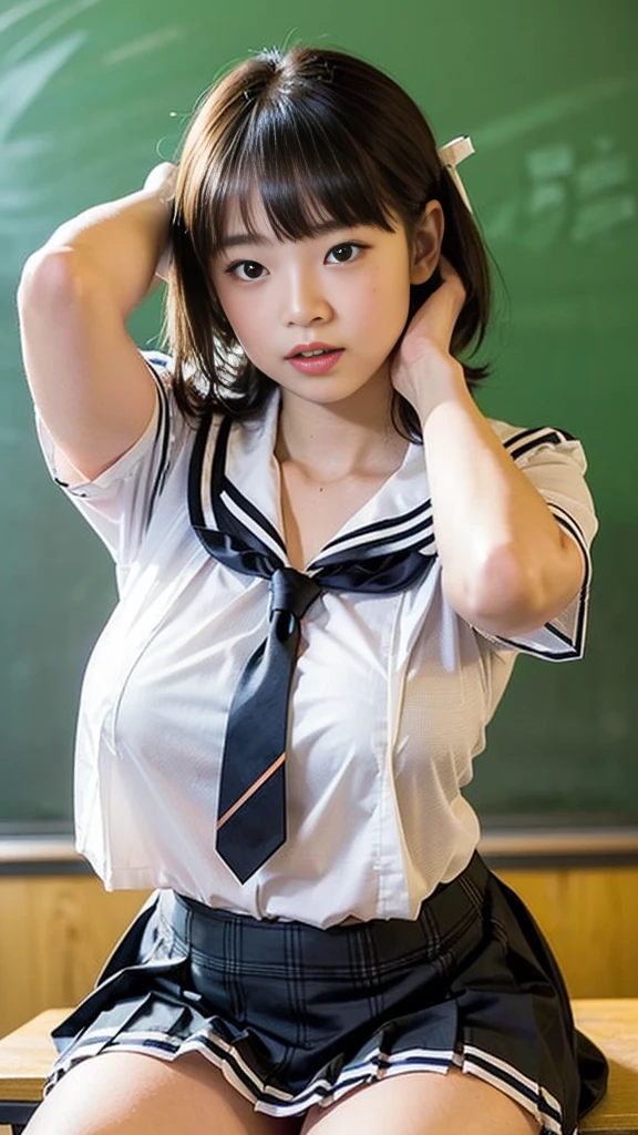 (((masterpiece, Highest quality, High resolution, 超High resolution, Pixel perfect, Written boundary depth, 4K, RTTX10.0))), Beautiful Anime Woman, Beautiful art style, Anime characters, ((Smooth texture, Realistic texture, Anime CG style)), Exact finger count、Exact number of legs、(Exact number of arms:1.0, Exact number of hands:1.0), (Perfect hands, Perfect Anatomy), Cinematic, Realistic, Highly detailed CG, Daytime lighting, Perfect lighting, Best Shadow, The best natural light, whole body, Perfect body, バランのとれたPerfect body, Perfectly balanced style, Slender body, ((Long Hair, bangs, Reddish brown hair, Stylish bob cut)), ((Cute teenage girl holds her breasts with both hands:1.8)), ((Sailor Suit Tops, Sailor collar, White shirt, Navy pleated mini skirt:1.3), (beautiful and big breasts:1), (Very embarrassed look:1.5), blush, (School classroom, Desk and chair in the background:1.3), Angle from the front, (Blue lace panties:1.2)、barefoot、barefoot