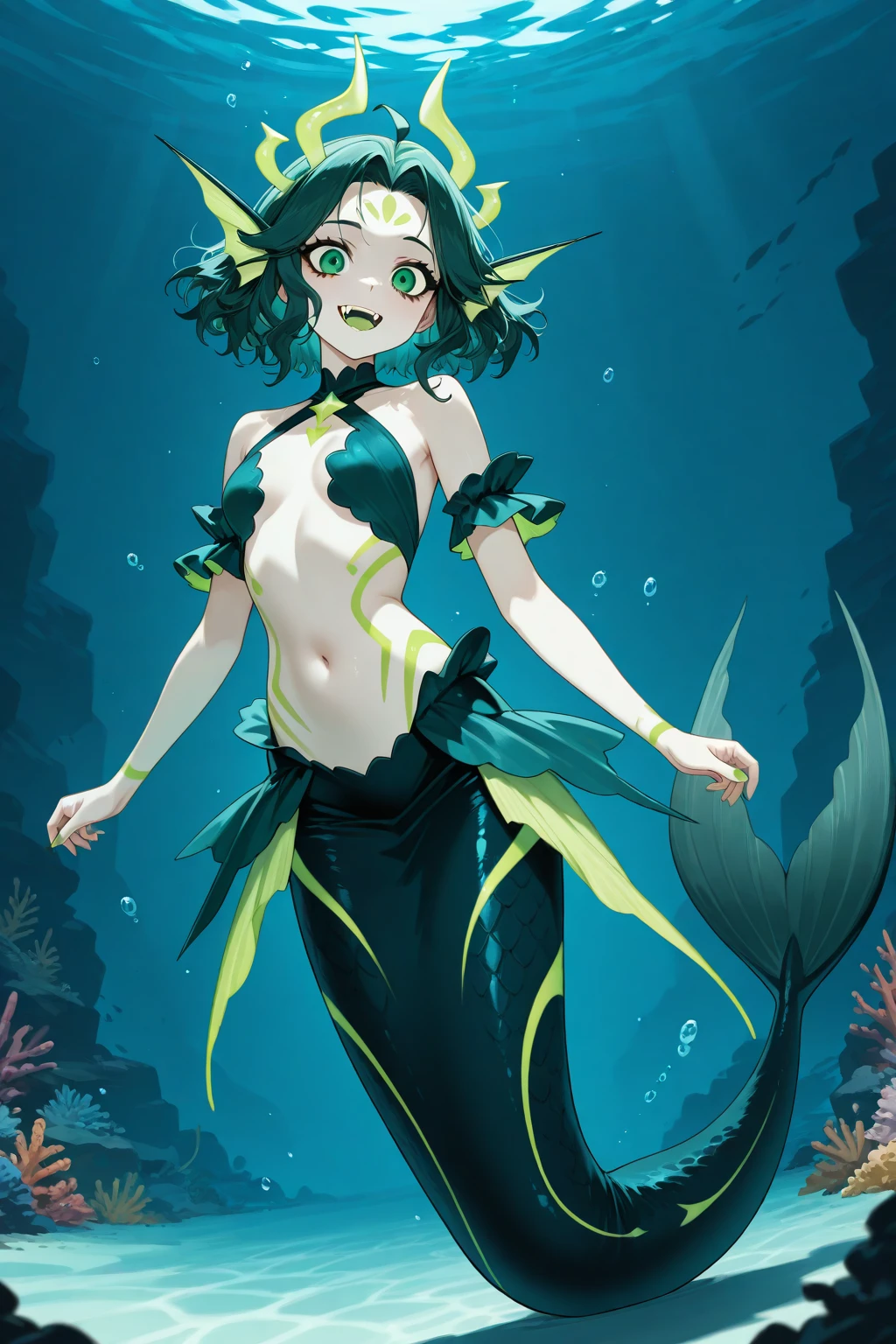 An anime character with green skin, (((Green skin))), 25-year-old woman, ears of elf, Marine life, scales, coming out of the water, Minimal clothes, small thong, Green hair, Bare with thighs, navel banding on the breasts, Perfect body, Large breasts, Sexy pose, coming out of the water