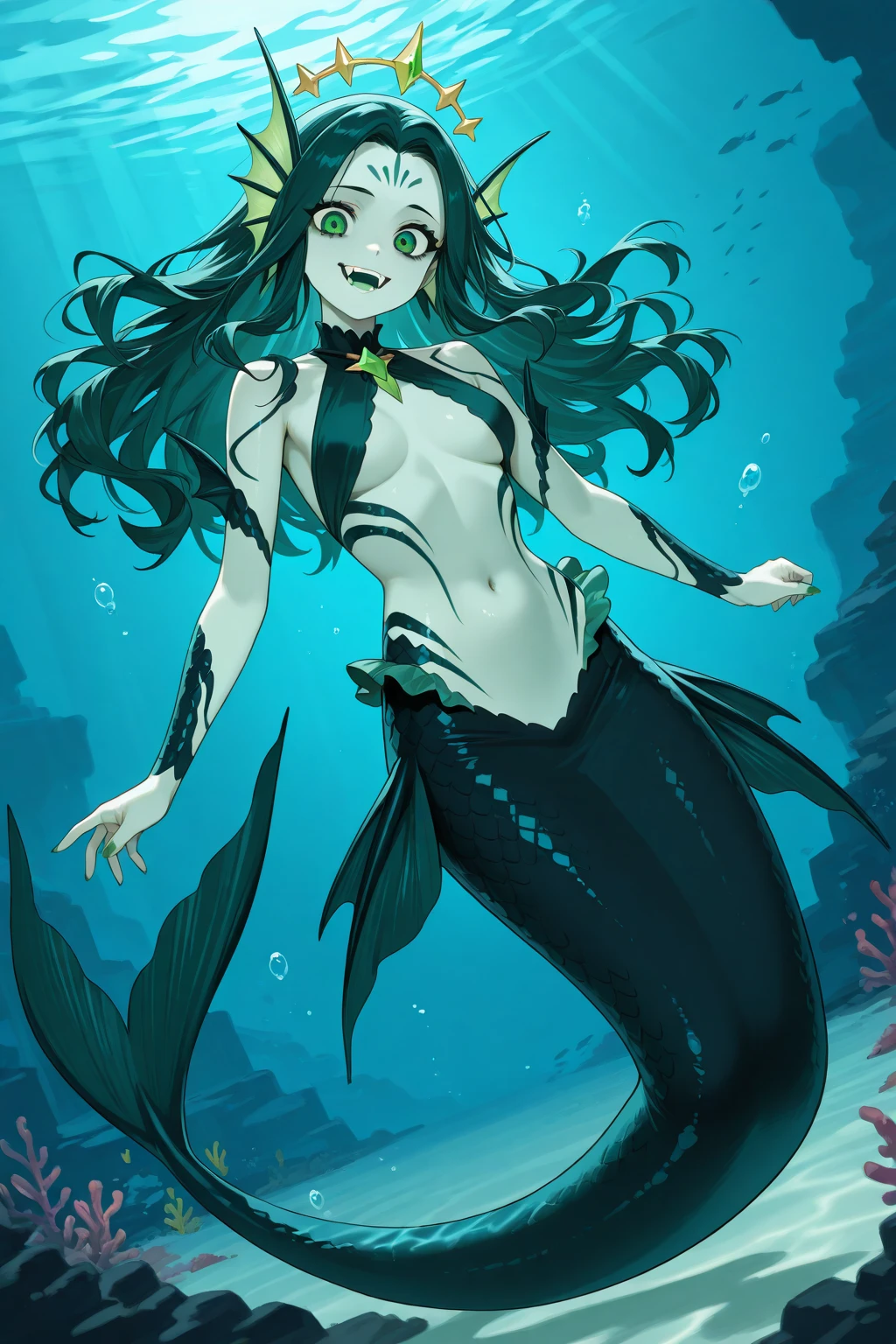 nsfw, masterpiece, best quality, artstation, ultra-detailed, semi-realistic, anime, detailed facial features, 1boy, dark hari, (short wavy hair), detailed hair, (green Freckles), pale blue soft eyes, mermaid, (medieval) medieval, (pale skin), (old fairy tale), (Merman), (merfolk), ocean, (no clothes) surprised, orange and green tail, (Tail without errors), aquarium, (smile), dynamic pose, shy, greenish skin, blush (blushing cheeks), nervous, cute, smiling, young, looking at viewer, shell. (Beautiful ocean background) camera up