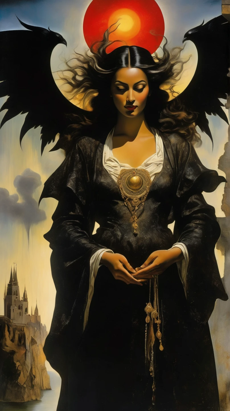 ((masterpiece, best quality)), beautiful gothgirl sofia vergara aragrevaifos as raven maiden, beautiful blue eyes, raven but with a cyberpunk twist, technocore, intricate, hyperdetailed, antoni tudisco, ivan wong, mike perry, greg rutkowski, peter mohrbacher, award-winning, extremely detailed skin, extra detailed face, high detail eyes, Carl Zeiss 85 mm F/1.4, by Ellen von Unwerth, from behind