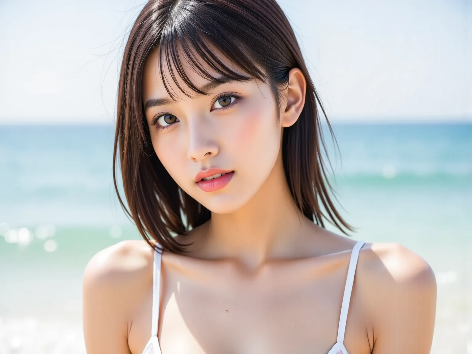 a Japanese girl, Nagahama Neru, large breasts, thonge bikini,full body, brown hair, random hair style, nipples, BREAK, (realistic, photo-realistic:1.4), (best quality, masterpiece:1.2), RAW photo, high resolution, intricate details, extremely detailed,insanely detailed,incredibly detailed, realistic and sharp details, cinematic lighting, looking at viewer, seductive pose, (detailed face, detailed eyes, sophisticated nose), pale skin, fine-textured skin, glossy skin, photo background, waikiki beach