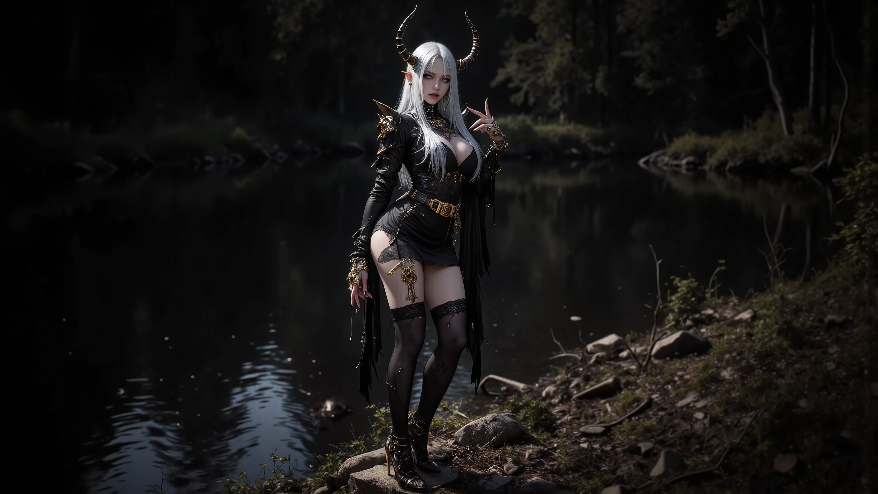 one woman, White skin, long white hair, one red lock of hair on the right side, (two thin and long black horns slightly curved inside, one blue eye and one brown eye,  two small red dragon's wings, elf ears, dressed in skintight black leather, knee high black leather heeled boots, big brest, sitting on a "dragon's skull, full body,