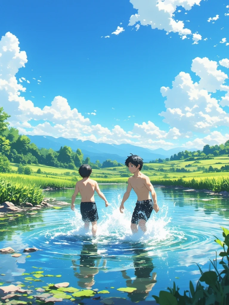 Masterpiece, of the best quality, three little boys playing in the water, lake full of flowers, clear facial features and summer, clouds, sun, clean blue sky, smiling, having fun,