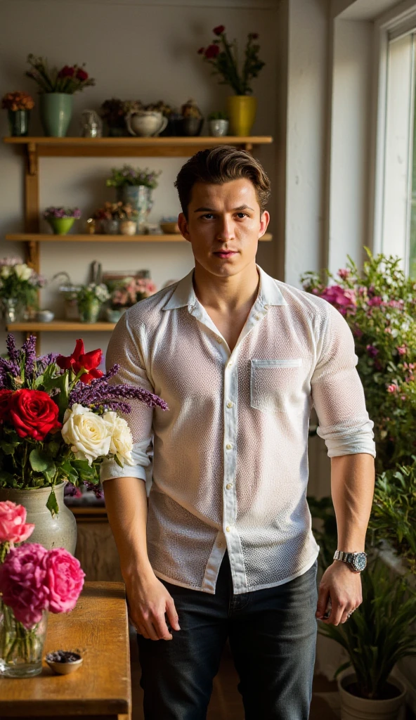 1boy, full body shot, full hd, arms detail, body detail, legs detail, face detail, feets detail, hands detail, 8k, (male model) hot skin, masterpiece, best quality, most handsome man in the world, by Shen Quan, perfect body, beautiful male model, an attractive man 18-2 aesthetic, blossoms in spring, green fields, spring, plains, trees, flowers, blue sky, rough and handsome young man in white transparent robe, white transparent fabric, shirtless jacket shoulders, exposed chest muscles, exposed thighposed transparent white briefs)), (male focus), (smooth body)), smile, super cute, dynamic pose, cool and seductive, dramatic lighting, full body shot, full body shoot, young face, full body, body hairless, skinny tall, fit body, dominant, white or white skin, young face, firm body, hd, natural flesh tone, soft light, highly detailed, looking at the audience, photography, detailed skin, real person, realistic, photorealistic realistic, crazy detail, facial detail, hype maximization, hype surrealism, film, telephoto, lighting complex detail , Highly detailed, Highly detailed, Digital painting, artstation, concept art, smooth, sharp focus, illustration, Unreal Engine 5, 8K, art by Ross Tran and Greg Rutkowski and Alphonse Mucha, UHD, 8k, Show men only .8k Ultra HD, DSLR, dim lighting, high quality, film grain, Fujifilm XT3, male fan, 2-person, two-person model.