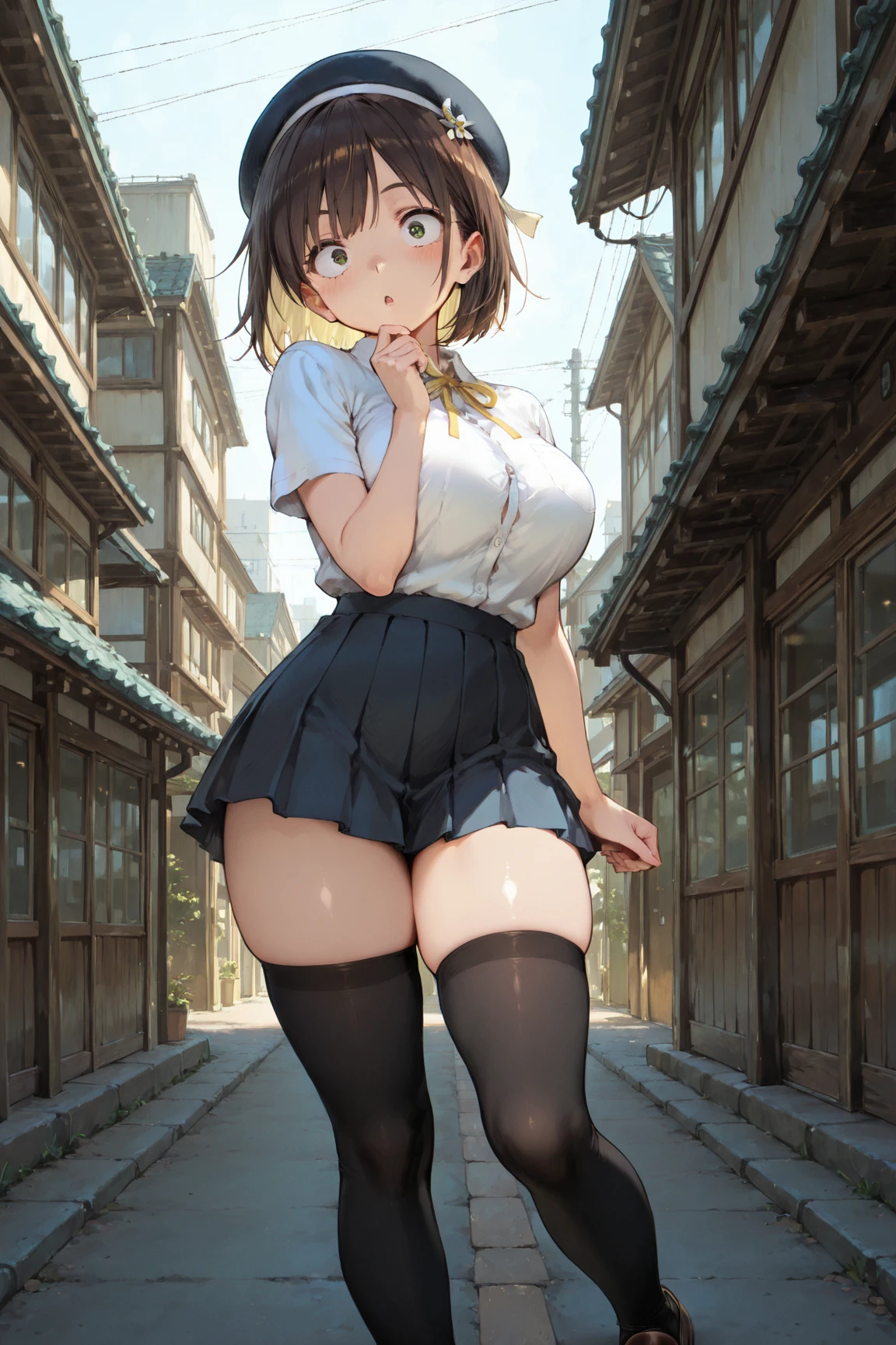((top-quality、8K、​masterpiece:1.3))、女の子1人、In a town where many people walk、Slender Abs、hyperdetailed face、A detailed eye、二重まぶた、very Bigger breasts、large full breasts、Colossal tits、Neat and clean schoolgirl、short-hair、Straight bob hair、Shorthair with bangs、A smile、Schoolgirl Uniform、Low male genitals visible through the skirt、An 18-year-old woman、Sheer white shirt、Unbutton and unfold the shirt、Exposing breasts、Navy blue ribbon at the collar、Dark Blue Pleated Micro Mini Skirt、Peek at the viewer、Beautiful graphics and sunny main street、There are a lot of people、Show me your whole body、From head to toe、beautiful daruma pictures、 Standing、No bra、teats see through、You can see the shape of your nipples even through your shirt........No panties、No panties、No panties、Detailed female genitalia shape pantyhose is missing、(Facing the front)(((Blushing cheeks、embarassed expression)),(((My skirt was blown up by the wind)))、Showing female genitalia、、Background depth of field、Please choose one#39;skirt in the crowd、Found in many men、Eyes are hearts、trembling with excitement、White breath、Panties on the thighs