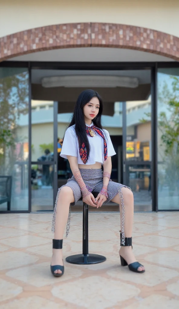 Arden Cho, Kira Yukimura, Teen Wolf, 18 years old, long messy black hair, black eyes, white blouse with red flower print, dark black jeans, black sneakers, silver pendant, white wolf print. Forest background with fog aura around black color.