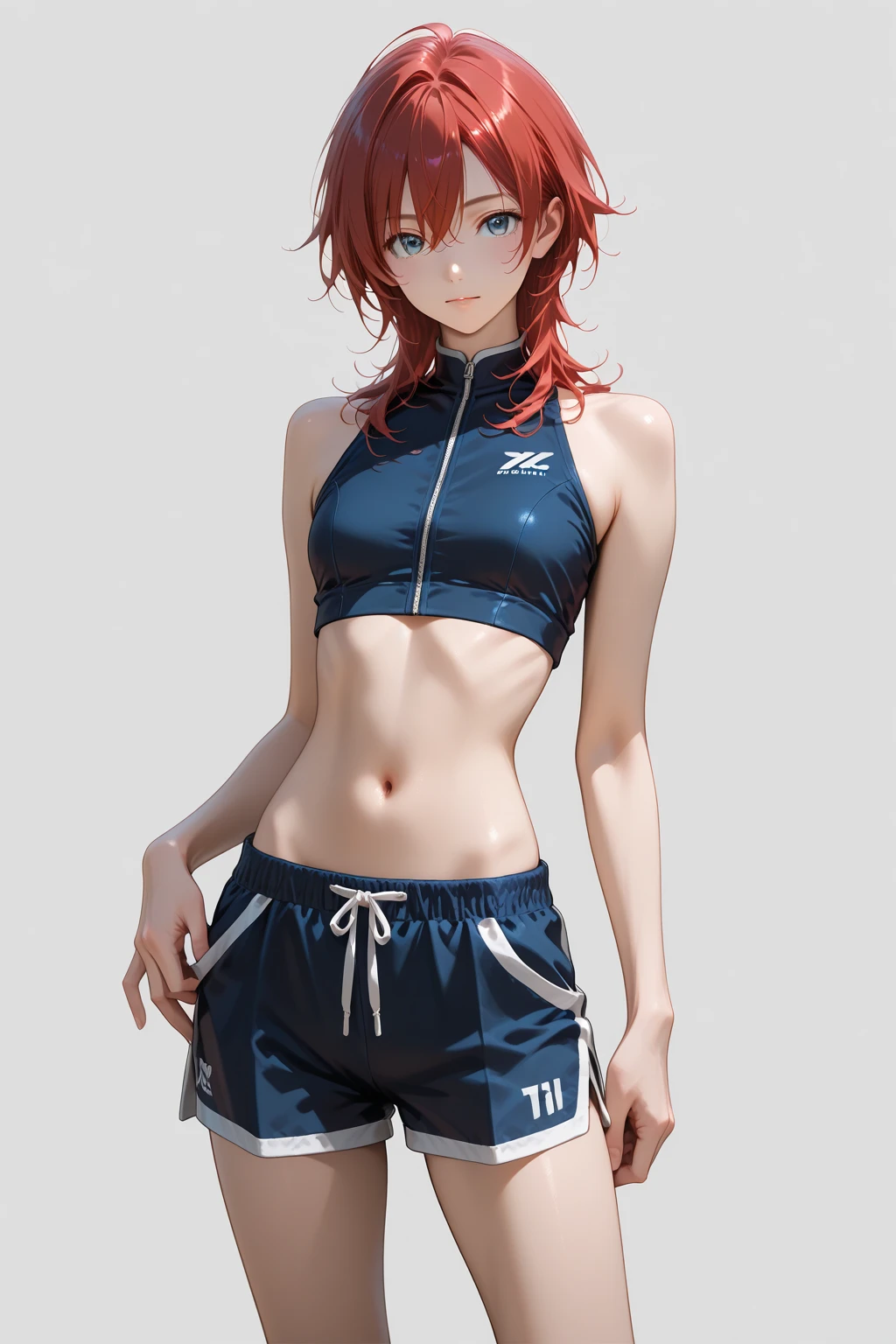 (masterpiece, best quality), vtuber-fullbody, long red hair, ponytail, small breast, sport shoes, sport bra, fullbody, (white backgound), <lora:vtuber-poses-05:1>