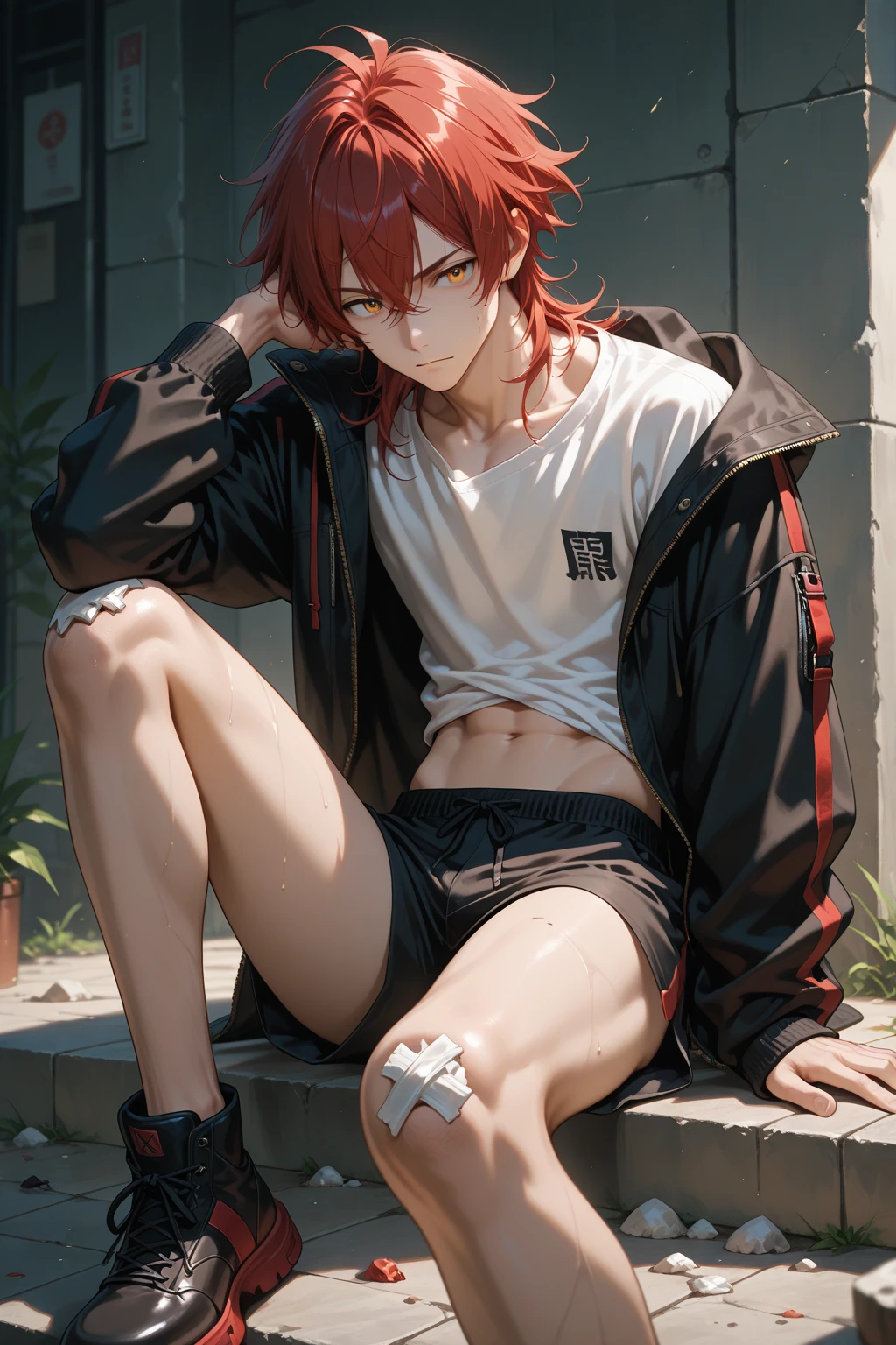 masterpiece, best quality, thigh focus, full body, shota, Little boy, (navel), Thighs out, (Red short twin-tail hair), Skinny, short stature, slender legs, thin legs, thin thighs、(8-year-old boy), from below, (Flabby Knit-cardigan), (topless), hotpants, short shorts , booty shorts, covered penis, sweat, perspired, disgust, blush, flat chest, No chest, oily skin, no socks, Sneakers, street, Crowded intersection, middle of the road, (HighestQuali,amazing detailed:1. 25),