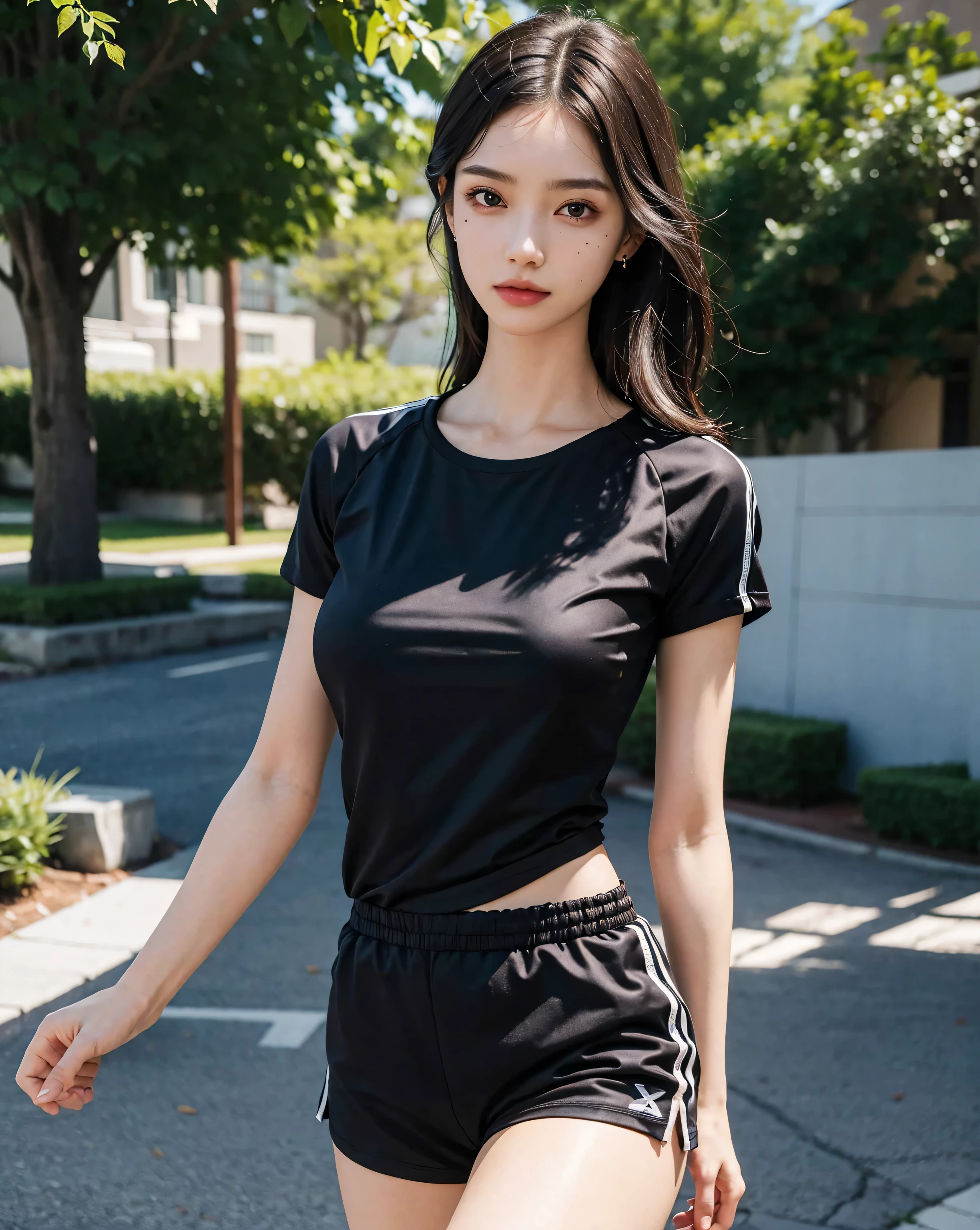photo of (futurahannahowo9030v5:0.99), a woman, (((walking in a park))), modelshoot style, (extremely detailed CG unity 8k wallpaper), photo of the most beautiful artwork in the world, professional majestic (photography by Steve McCurry), 8k uhd, dslr, soft lighting, high quality, film grain, Fujifilm XT3 sharp focus, f 5.6, High Detail, Sharp focus, dramatic, (((wearing a black t-shirt, track pants))), (looking at viewer:1.2), (detailed pupils:1.3), (natural light), (((medium-long shot:1.2)))