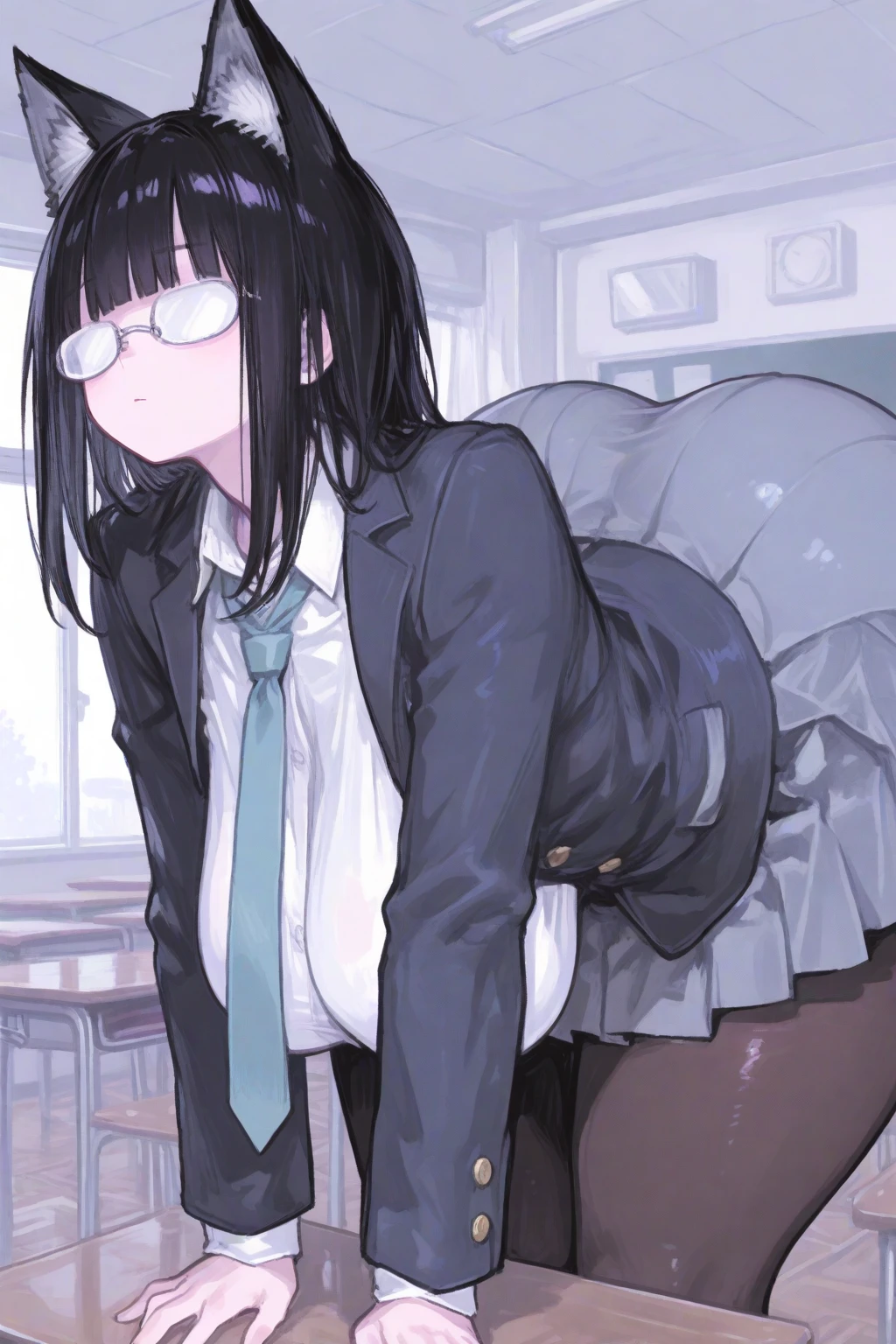 Adult woman, black hair, ponytail, teacher, formal suit, mini skirt, glasses, notebook in right hand, school corridor, large breasts, squatting to show panties, serious expression