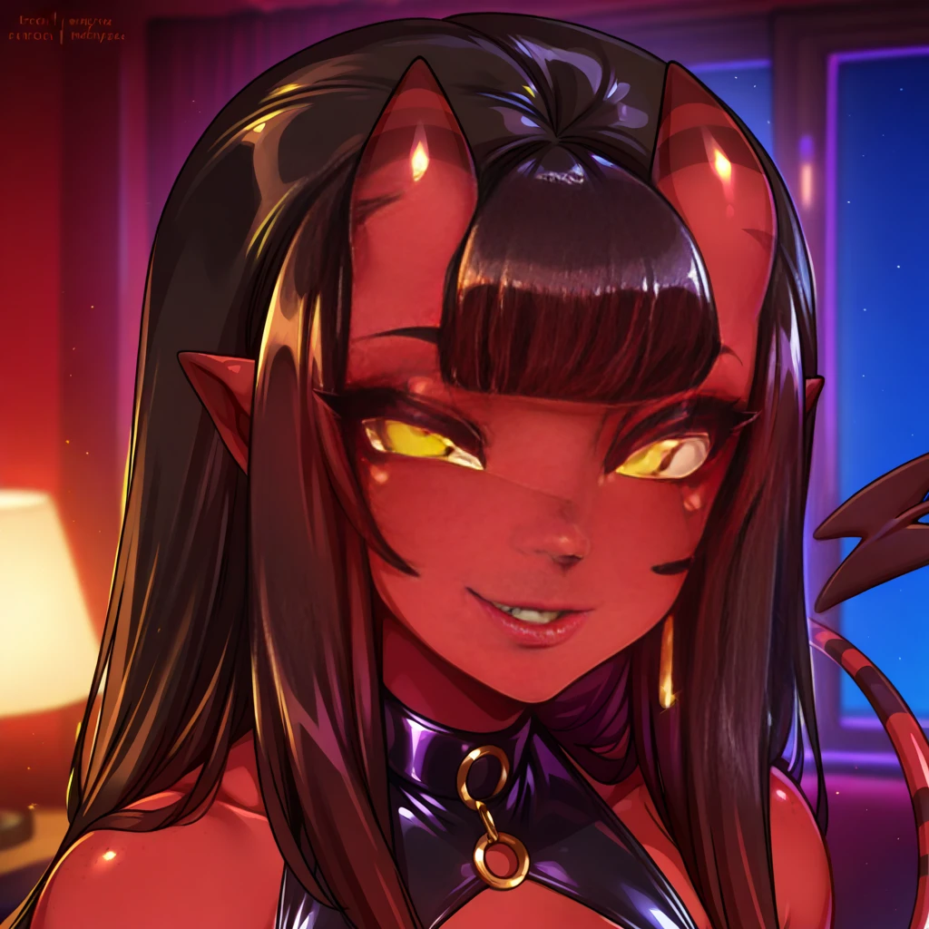 Meru the Succubus. Red skin. Yellow eyes. Short horns. Succubus tail. nudity. big breasts.