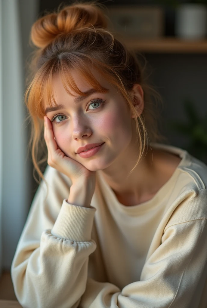 12 years old girl, red hair, freckles, hairbun, very slim, pretty, small smile