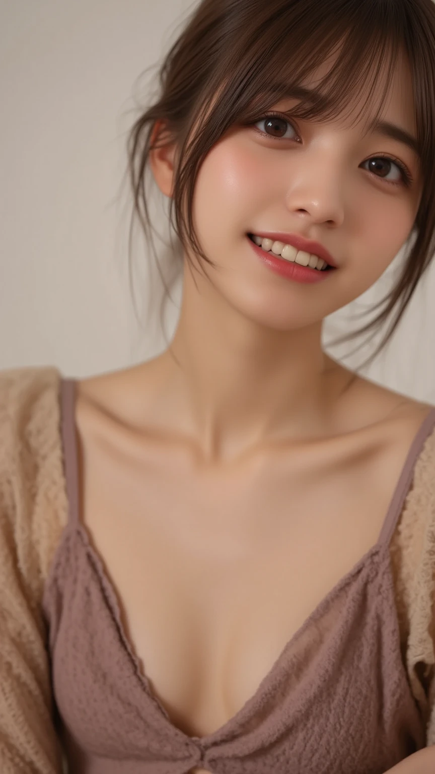 (((upper body shot))),Ultra-high resolution,big eyes,((brown eyes)),Japanese,(forehead),(a girl),(1 girl),((17 years old)),(cute),pretty,((facing at viewer)),arms behind back,grin,(((black lace clothes)))