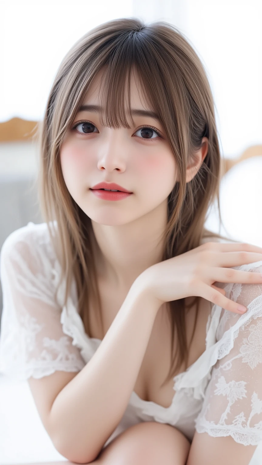 14years、brown haired、beautidful eyes、real looking skin、hi-school girl、small tits、(8K、​masterpiece)、(reallistic、Photorealsitic)、top-quality、ighly detailed、The ultra-detailliert、Beautie、cute little、japanes、idol、a smile、Close-up portrait、Healthy face、Realistic pupils