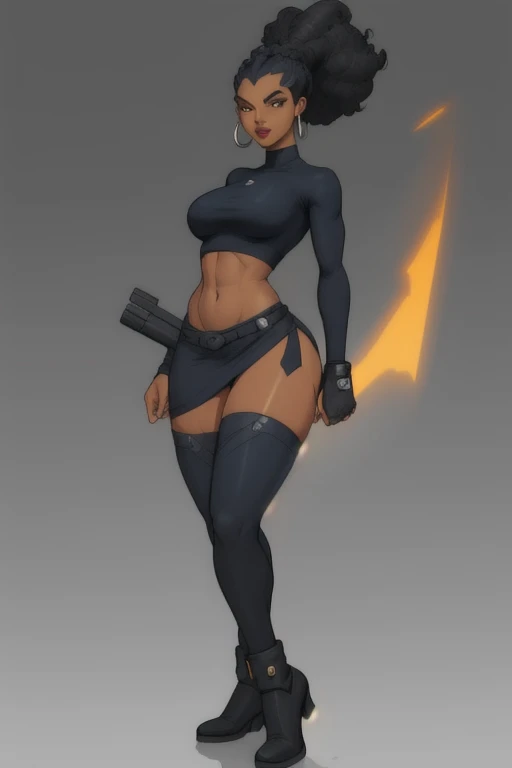 Yoruichi Shihoin, Faye Valentine, cleavage, 25yo woman, hazel eyes, yellow hairband, orange crop top, red shirt, off shoulder, tied shirt, suspenders, midriff, orange shorts, thighhighs, high heel boots, short hair, purple hair, beautiful woman, hourglass figure, solo mature woman, strong muscular woman, masterpiece, intricate detail, perfect ???????, beautiful and aesthetic, beautiful, best quality, muscular thighs, anatomically correct, ultra detailed, realistic, mature, Thin waist，long leges, Sharp focus :1.2, A pretty woman with perfect figure :1.4, Slender abs :1.2, ((Purple hair, Big breasts :1.2)), (dark skin, dark-skinned female:1.2),