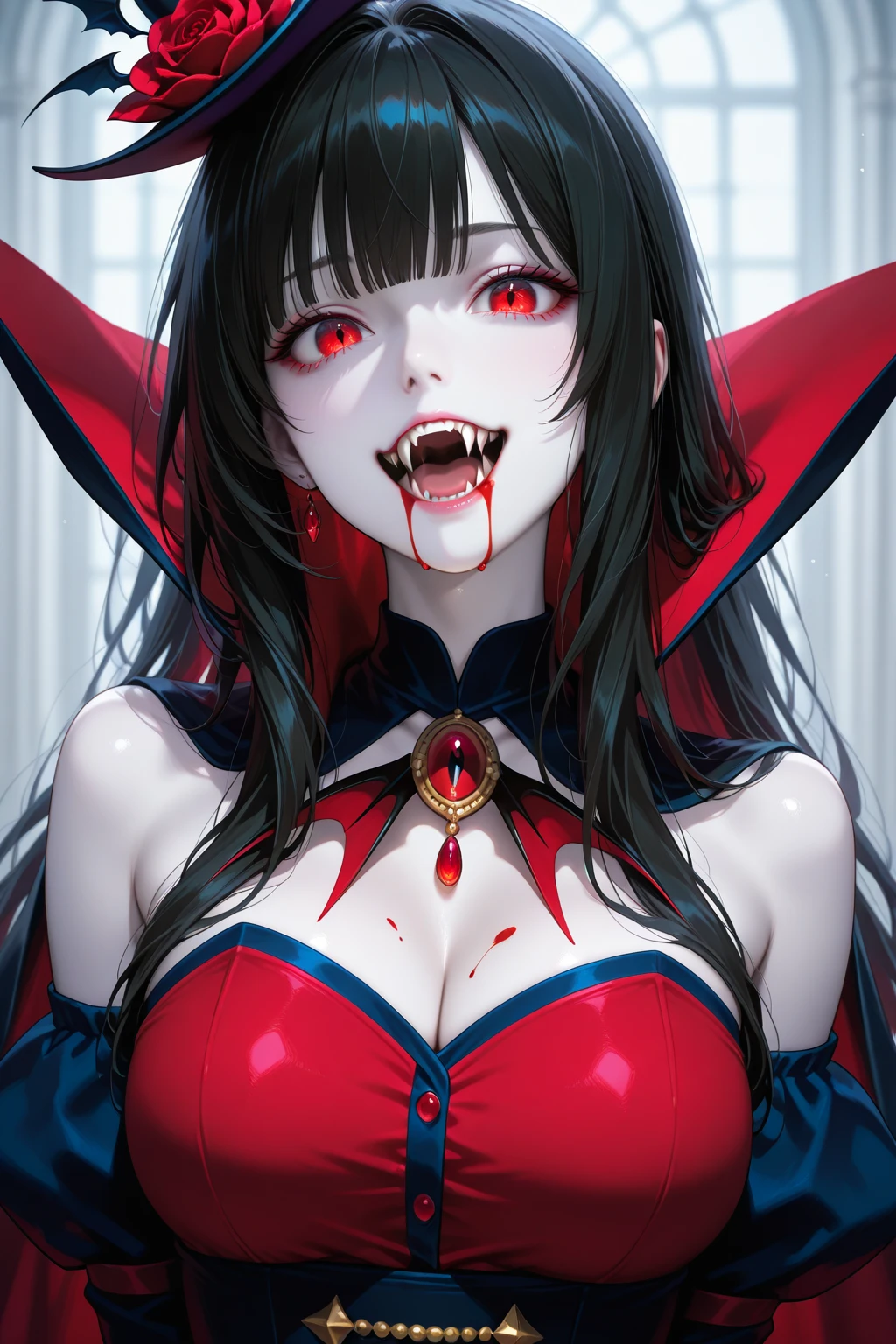 a dark fantasy art, dark comic, dark goth picture of a ((vampire bride: 1.5)), biting her groom, a female vampire bride,  female vampire in a ((white leather wedding dress)), (goth wedding dress: 1.4), with bloody gown, best detailed face,  ((blood on face)), ((vampire fangs: 1.5)) ultra feminine, pale skin, red haired, long hair, wedding hair cut style, blue eyes, ((blue glowing eyes: 1.3)), wearing (white leather wedding dress: 1.4) bloody gown, (wearing white high heels: 1.4), in the honeymoon suite, biting the the groom, bloody face, BREAK a beautiful human man, ultra detailed face (best details, Masterpiece, best quality: 1.4), wearing a wedding tuxedo, honeymoon suite background, vibrant, Ultra-high resolution, High Contrast, (masterpiece:1.5), highest quality, Best aesthetics), best details, best quality, highres, 16k, [ultra detailed], masterpiece, best quality, (extremely detailed)ת vampyfangs1