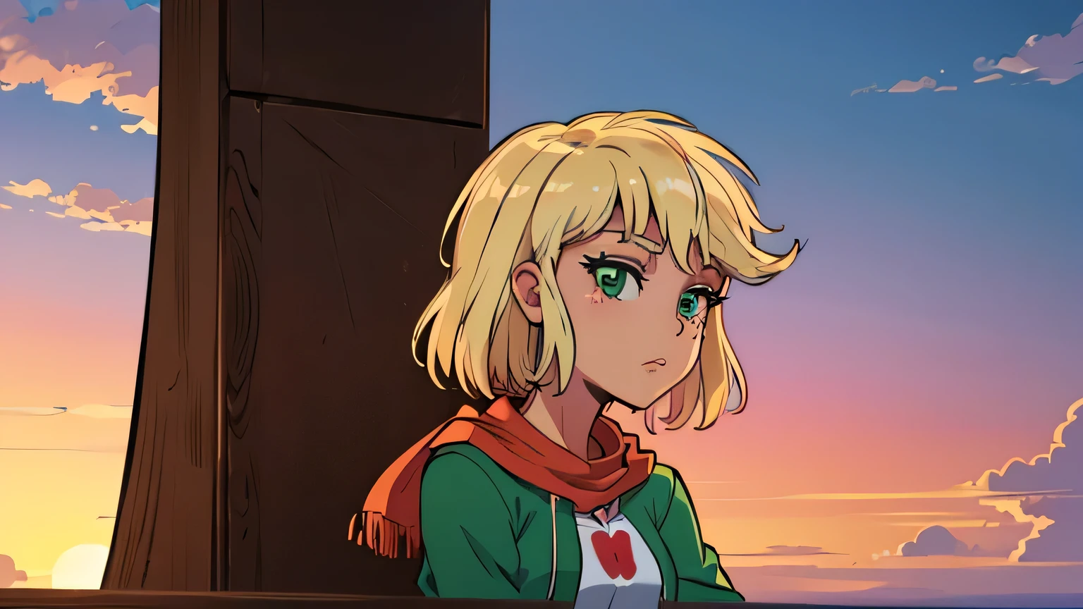 applejack (mlp) cowgirl, com vestes country, with short cut hair with long bangs in orange color with red stripes, with a green scarf around his neck, watching the sunset.