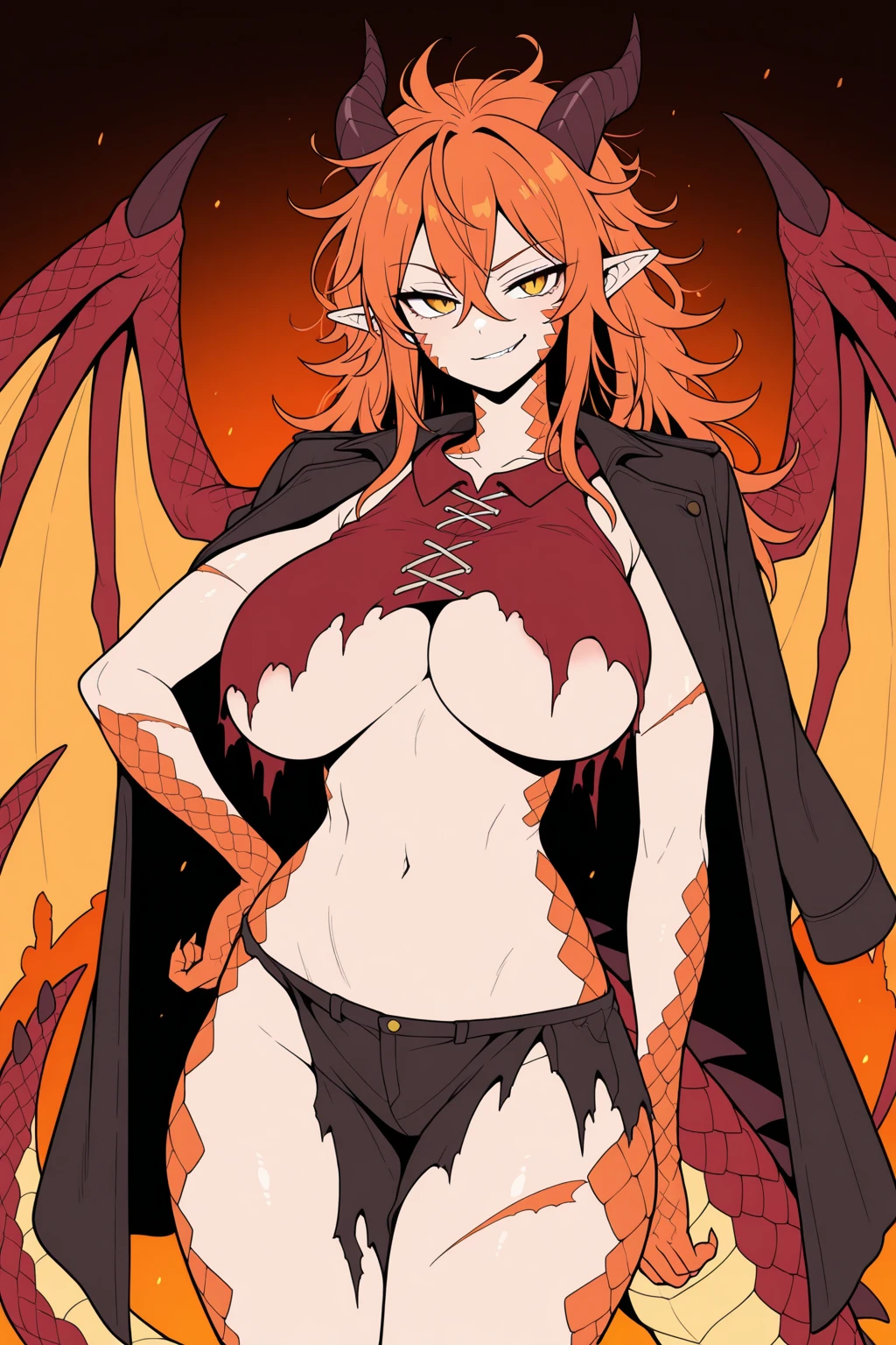 best quality, masterpiece, 1 girl, devil girl, smiling, (red colored skin:1.2), (bright red eyes:1.3), (black devil horns:1.4), long hair with bangs, tattooed body, black and red bikini with cloak, (flying in the night sky, clouds:1.5), (medium breast, under boobs:1.2)