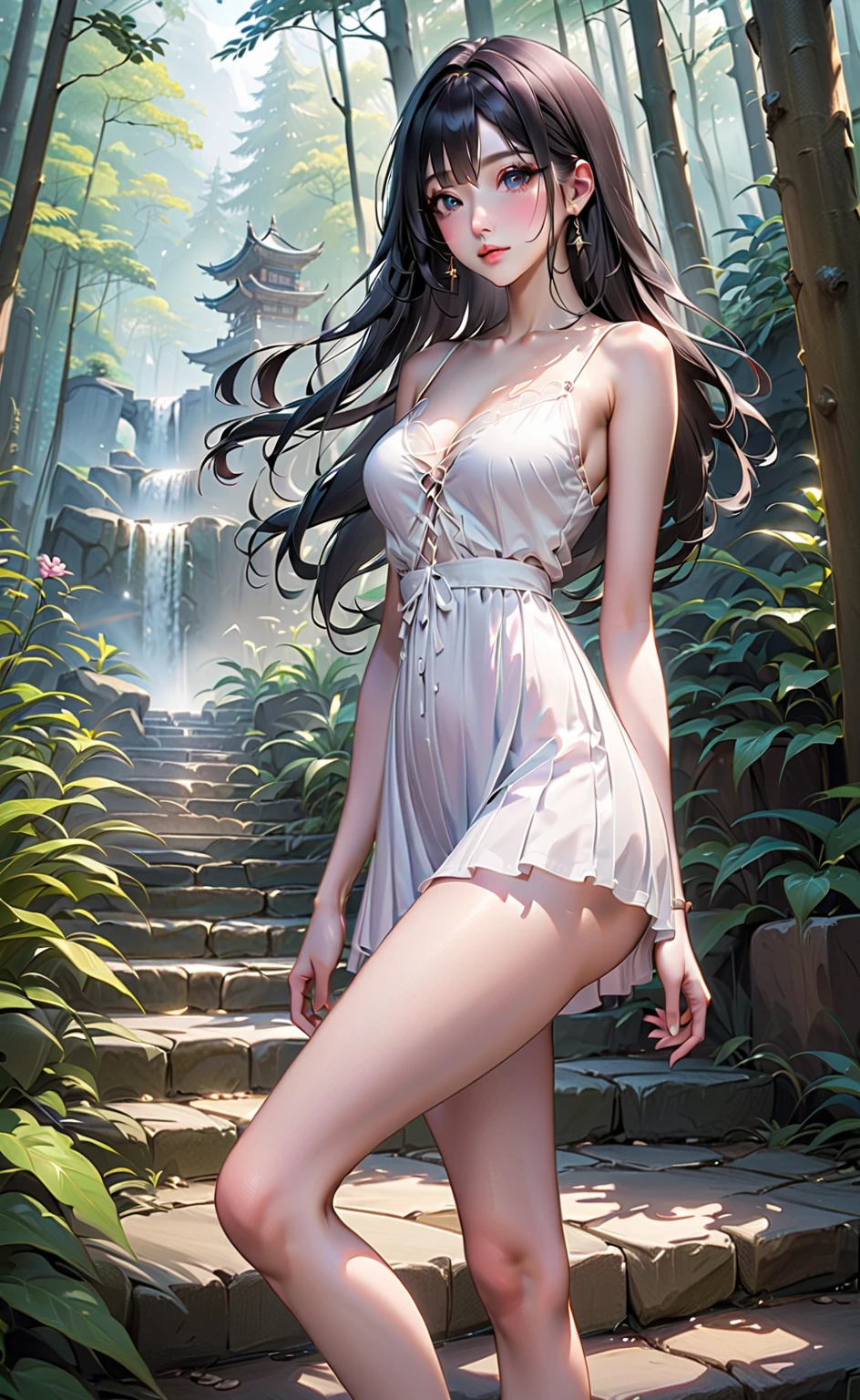 (obra maestra) (La mejor calidad) Una hermosa mujer vestida de blanco con una corona de hojas doradas en la cabeza. She is in a beautiful garden standing in front of the camera with a beautiful smile in a natural pose......... movie quality
