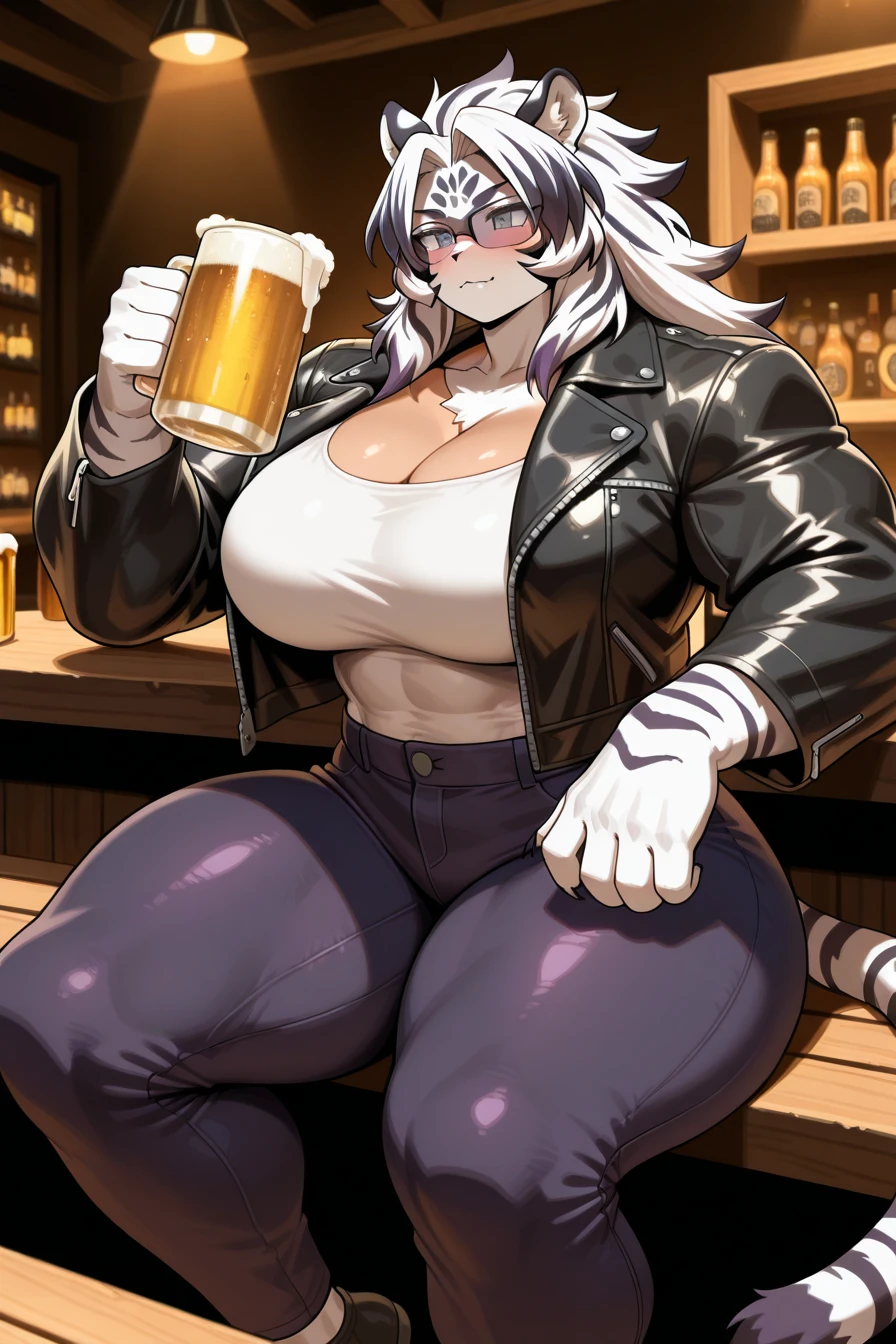 8k, (masterpiece), (highly detailed), (solo:1.5), (mouse woman:1.5), female, (black hair:1.8), mouse nose, short, stocky, buff, muscular, bulky, (curvy:1.3), (white fur:1.6), (pink eyes:1.3), thicc, accurate eyes, highly detailed eyes, (huge breasts:1.4), (corset top:1.6), chunky, (black leather trousers:1.5), (wide hips:1.4), (muscular thighs:1.4), spiked collar, standing upright, combat boots, crowded nightclub, (surrounded by muscular guys:1.6), leaning on bar, (by darkgem:1.2), (by jollyjack:1.1), (by zaush:0.8), by boosterpang, futa, (highly detailed bulge:1.2), (large bulge:1.3), laughing, holding a beer,