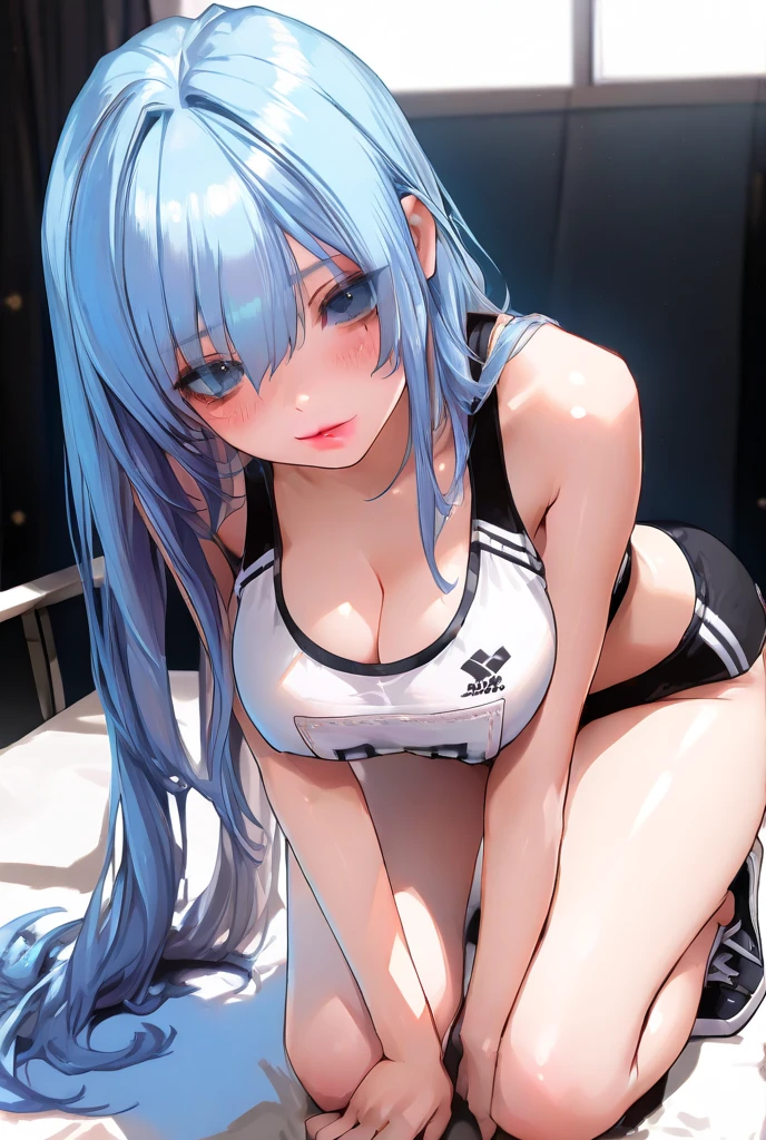 anime girl with blue hair and black top sitting on the floor, seductive anime girl, 2 d anime style, ecchi anime style, anime girl, beautiful blue haired girl, breasts out and fully exposed, naked