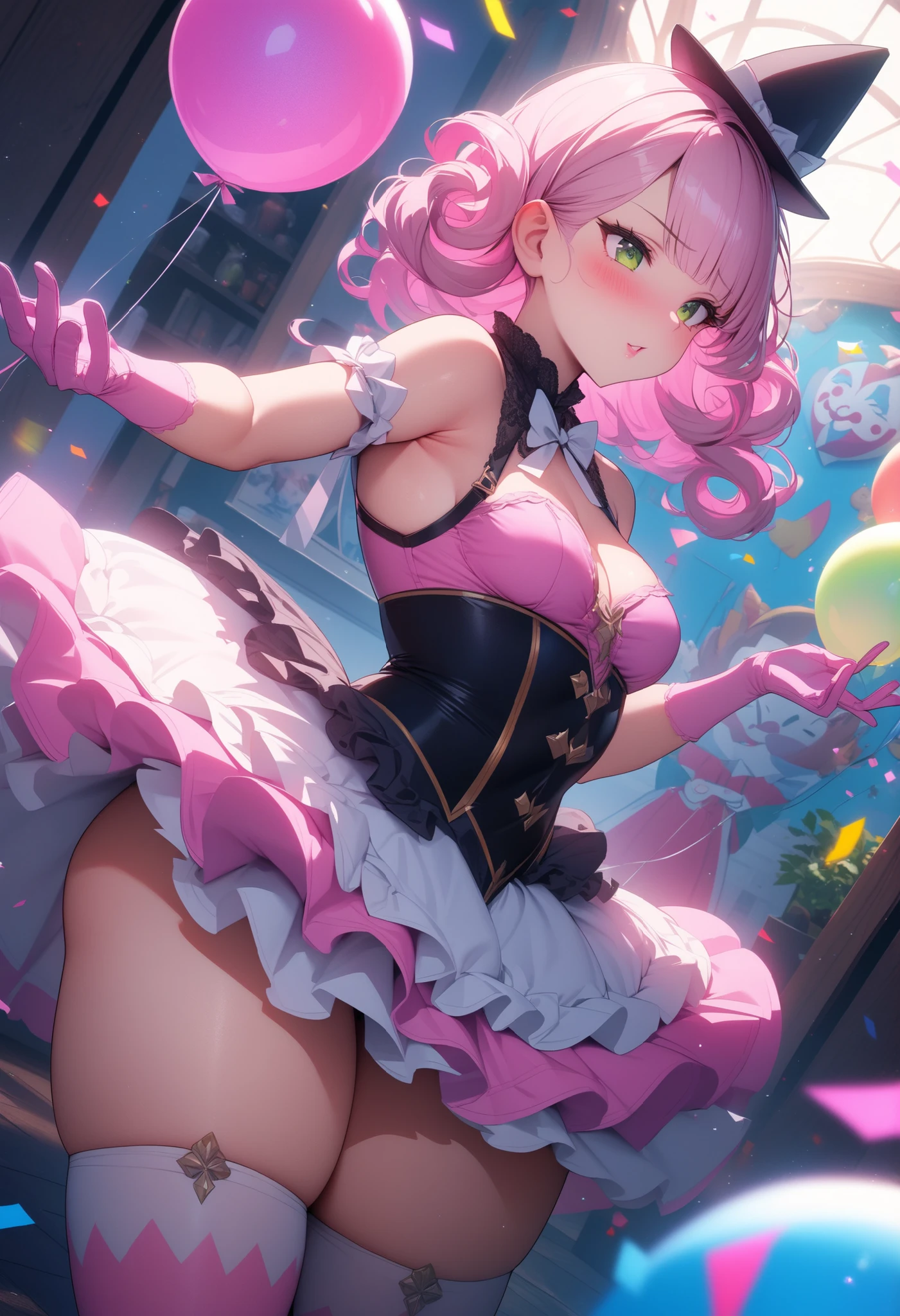 masterpiece, Milf, An adult clown with a curvaceous and attractive figure, small breasts, caderas anchas, Lush thighs, detailed anime-style air balloons, with light pink curly hair and bangs. Pina red lips,  She has flushed cheeks , big green eyes with long eyelashes. He wears a voluminous multi-layered tutu in shades of pink and white, adorned with a small white ribbon at the waist. The upper part of her outfit is a pink bodice with straps, decorated with three pink buttons in the center. His hands are covered by long light pink gloves, with rainbow bands around the wrists. in the traditional home interior, confetti on the floor visible. The image has an 8K Ultra HD resolution, with extreme attention to fine details, maintains balance, visible pastel , huge hips, Lush thighs, tender and attractive expression, blush, worried look, shrink beam, Chubby butt,  pretty eyes , throw, long stockings of colored stripes with straps, little clown hat, doing a sensual pose, sideview, standing, throw, dynamic angle, colorful wall, 1 visible globe, pastel, Impossible_clothes, He holds a Lolipop in his hand, 