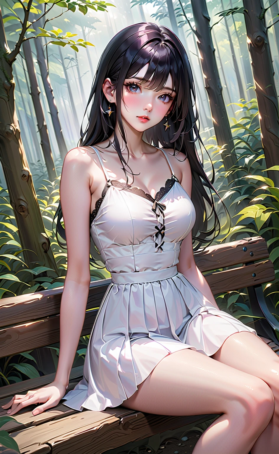 1 girl, has long black hair, big green eyes, yellow short sun dress reaching her thighs, she's wearing knee high brown boots, medium size breasts, cute face, sexy, hot, anime, manga, no more than 1 girl