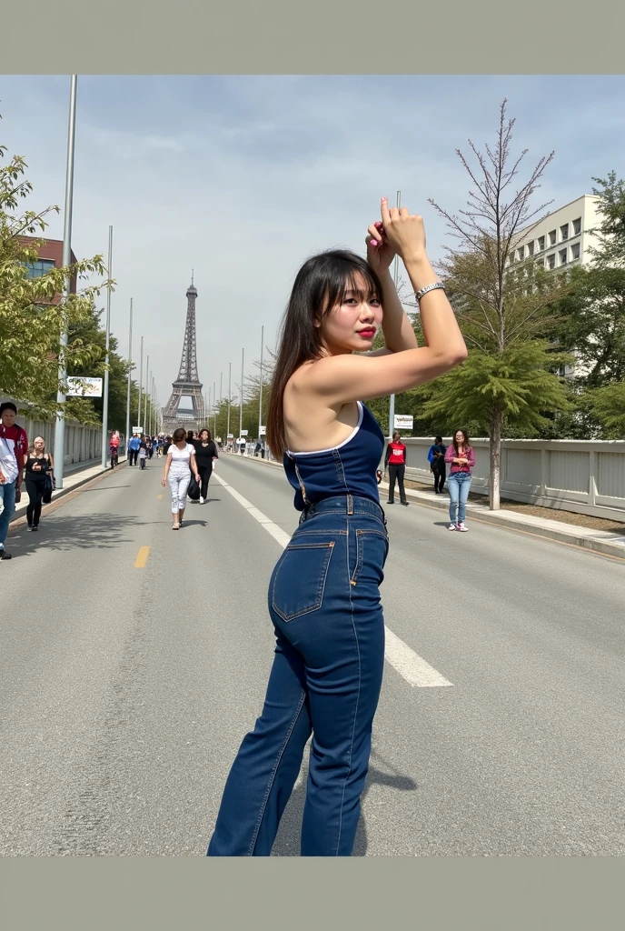 a pretty classmate without clothes on the naked eiffel tower shows her butt while looking at the board