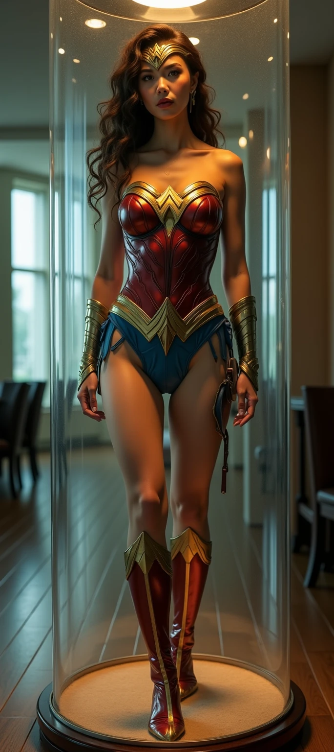 (((Make the most of the original image)))、(((Jenna Ortega in a sexy Wonder Woman Costume)))、((brunette with bangs)), (((lustrous dark hair)))、(((Suffering)))、(((worn with tights)))、((Top image quality、8K))、((top-quality、8K、​masterpiece:1.3))、Crisp focus:1.2、Beautiful woman with perfect body shape:1.4、Slender Abs:1.2、((layers-Cut、small boob:1.2))、a wet body:1.5、Highly detailed facial and skin texture, (((platino 15 denier seamless pantyhose))), babe Wonder Woman in red sheer panties and tights