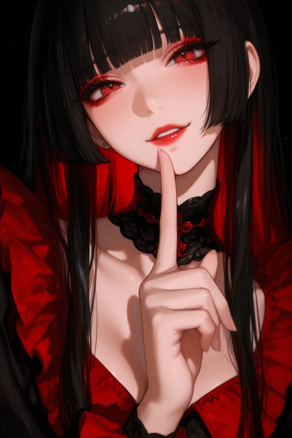 The highest image quality, pending details, ultra-high resolution, (真实感: 1.4), the best illustration, favor details, Highly condensed 1girl, with a delicate and beautiful face, Asian characteristics, long straight hair, Bblack hair, skin fair, eyes browns, lips, blush, breasts big, necklase, black gown, make-up, black eyeshadow, red lipgloss stick, A vampire (best quality, ultra details, photorrealistic: 1.39), dark colours, studio lighting, romantic expression, seducer, dark scenery