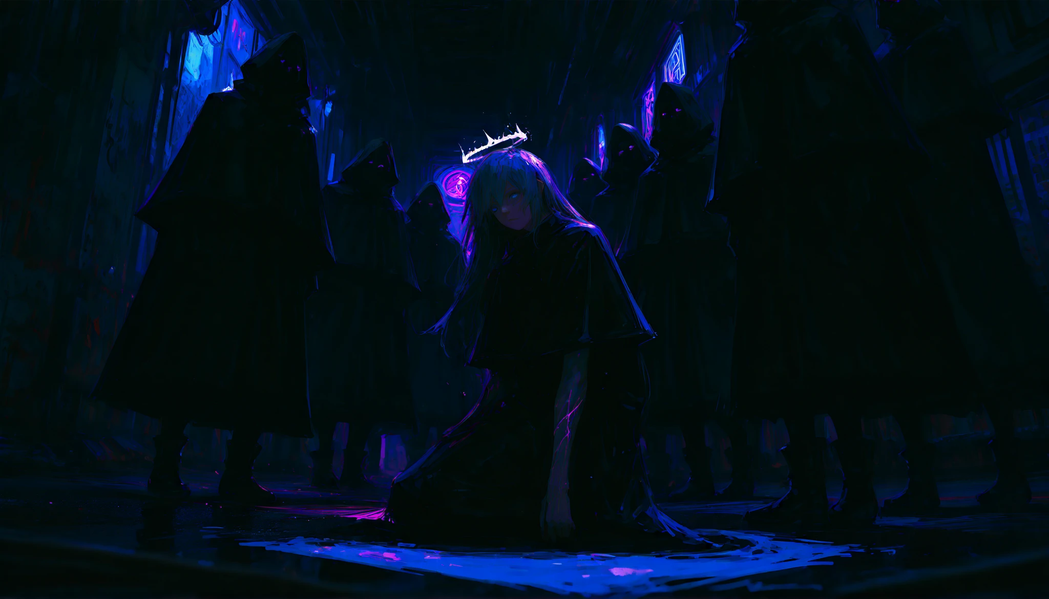 (Jinwoo from Solo Leveling:1.5), standing in a narrow dystopian Tokyo alley, cyberpunk style, futuristic neon haze, partially turned with his back to the viewer, looking intensely over his shoulder directly at the viewer — a gaze cold, heavy, full of meaning, fire glowing in his eyes, expression of restrained fury and silent pain,

(powerful dramatic pose:1.4), legs slightly apart in firm stance, shoulders slightly lowered, one arm partially raised and tense with crackling shadow energy — body scarred, aura of flames and darkness blending around him, cloak fluttering with the wind, embers flying, his figure emanating unstoppable presence,

(surrounded closely by shadow specters:1.5), ghostly silhouettes, wraith-like forms, distorted human figures of smoke and shadow, glowing purple-blue eyes, moving with silent reverence around him — some kneeling, some towering behind like guardians of the abyss, merging with the darkness and rain, all drawn to him like extensions of his will,

(wet alley floor reflecting everything:1.3), fire, neon signs, ghostly lights and his burning aura reflected in puddles and cracked cement — rain falling slowly, with cinematic silence, everything dark but glowing, time seems to pause,

(high emotion cinematic composition:1.5), (Film Still, wide shot:1.2), dramatic perspective from low angle, epic lighting contrast, use of depth of field, background blurred with light trails and rain, focus completely on him — the shadows, the pain, the power — all colliding in one moment,

(96yottea:1.2), (kan liu \(666k\):1.1), masterpiece, high emotion, ultra detail, soul-stirring visual, very awa, absurdres, film grain, glowing particle effects, year 2024,

(style of usnr), dark coat torn and heavy from battle, glowing fire veins across his arm, hair wet and sticking to his face, his shadow stretching behind like a crown of darkness — he stands alone, but never powerless
