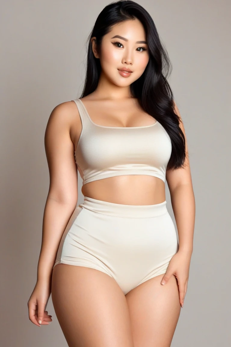 ((Best Quality, 8K, Masterpiece: 1.3)), Chubby woman smile  ((best quality)), ((masterpiece)), (detailed), perfect face, USA woman fat , 1 girl, obese body type, big breast size, round face, double chin, Overweight, medium hair ，looking at camera、, thicc, she has a jiggly fat round belly, bbwchan, wearing tight sexy clothes, skinny waist and thick hips, widest hips, her belly is fat and round, soft curvy shape, hyperrealistic full figure, wearing a cute top, wide hips, cropped shoulders，Bare belly,(big assa:0.7),show legs,, thicc, beautiful thick female, beautiful curvy female,, Tall and tall，clear curvy details, curvy hourglass figure, alluring plus sized model, bbwchan, Voluptious body, Curvy model, Curvy body, Be red in the face, 1girll fat , a matural female, A MILF, the golden ratio,(Kpop idol),(Oil skin:1.2),(Oil skin:1.1) background High quality, HD, realistic, HDR. mountain refuge in grey stone, blends into the panoramic view of the mountain, spring landscape (green and flowery), edelweiss, lake, stream that winds, sunset, cool breeze. welcome mountaineers and hikers.