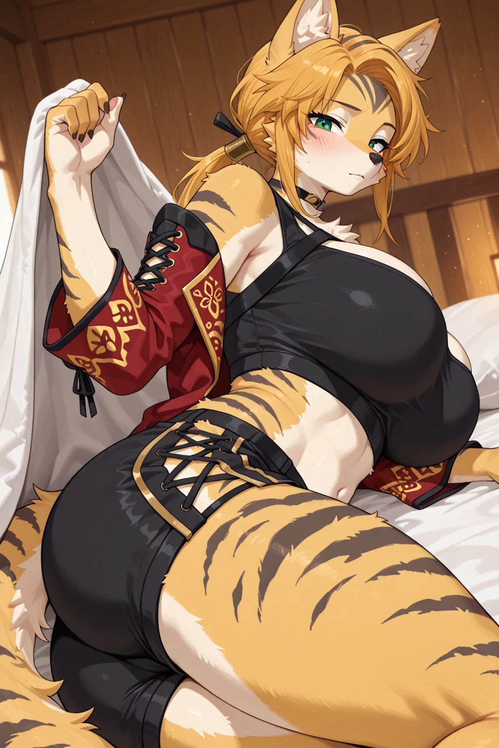 1 solo female blindfolded, animal tiger ears, animal tiger hands, animal tiger print, bell, bikini, breasts, choker, claws, cleavage, collar, full body, gloves, large breasts, lips, long hair, looking at viewer, navel, neck bell, on bed, tiger paw gloves, tail, thighhighs, tiger ears, tiger print, tiger tail, white hair