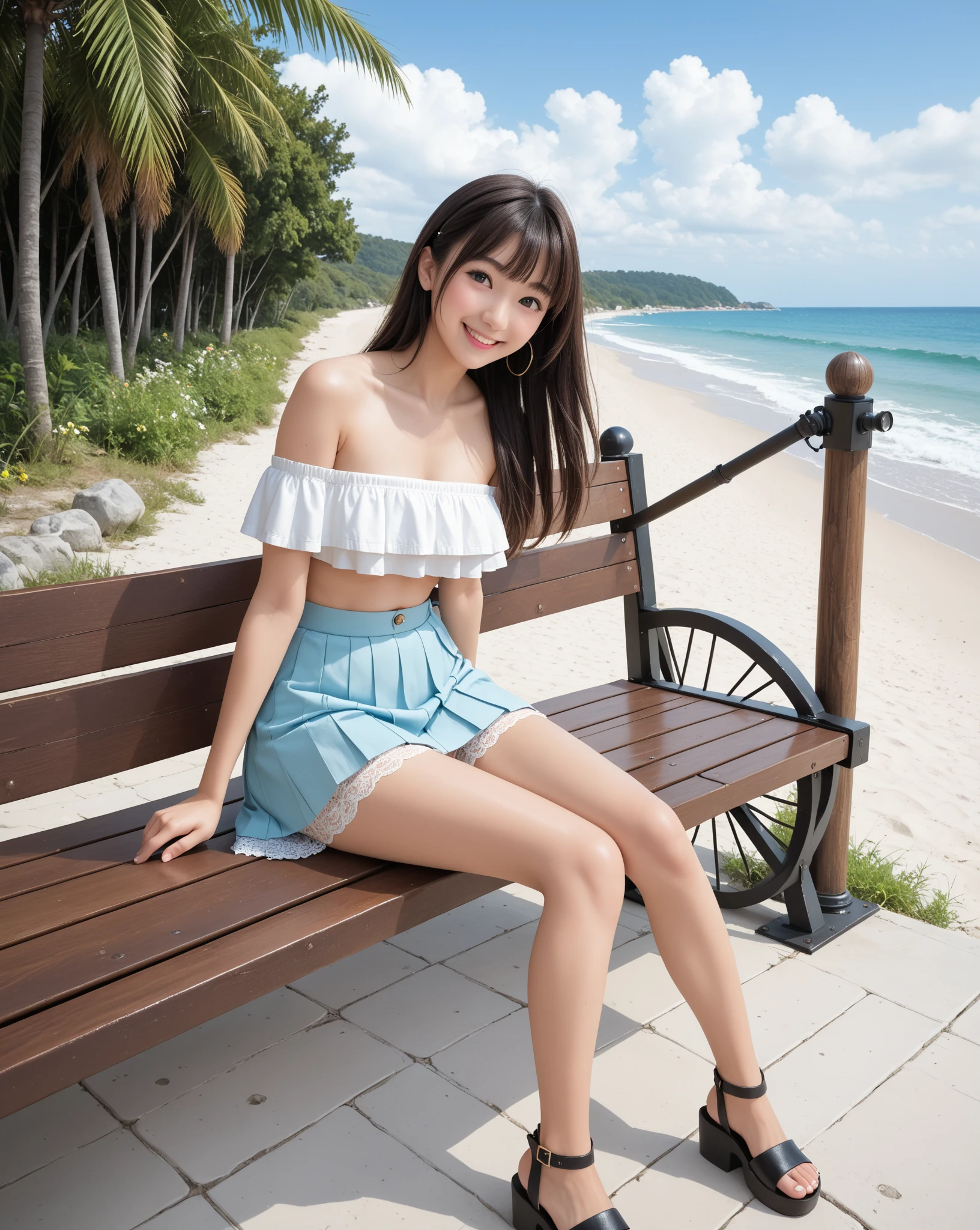 nsfw, 4k, 8k, 16k, masterpiece, best quality, ultra high res, High detail RAW color photo, professional photograph, (photo realistic:1.5), depth of field, Lens Glow, Nikon D850, 45.75 megapixels,highest ISO setting of 25600 on a DSLR camera, small aperture size, 
(full body:1.3), (looking at viewer:1.6), 
(18 years old cute 1 Japanese woman:1.7), supermodel, Japanese Idol, 
(high detailed cute face:1.8), (high detailed eyes:1.8), (cute eyes:1.9), (smile:2.3), (black hair), 
slim, skinny thigh, (huge breasts:1.8), (erect nipples:1.4), (gigantic ass:1.2), 
(skirt lift:1.9), (panty shot:2), (white panty:1.8), (thong:1.4), 
high detailed background, (The wind is blowing hard:1.4), Enchanting Atmosphere, (Sunlit Ambiance:1.5), (Natural lighting:1.7)