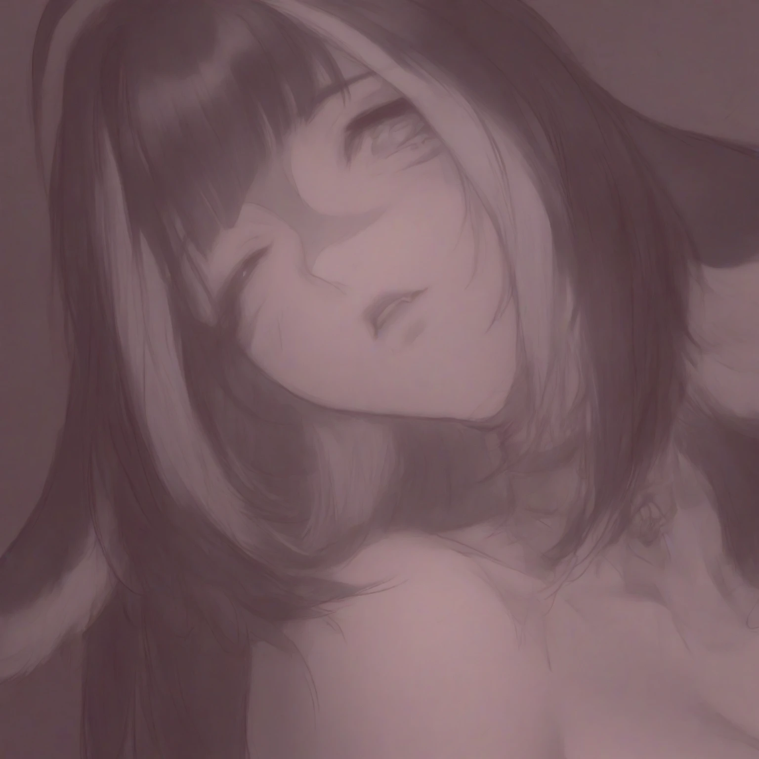 solo, 1girl, monochrome, spot color, multicolored eyes, greyscale, floating hair, parted lips, short top, half nude, medium tits, tan lines, looking at viewer, grey background, shadow, chromatic aberration, purple eyes, eyelashes, simple background, blurry, wind, masterpiece, full length, view from bottom, lower angle, Yoneyama Mai Style