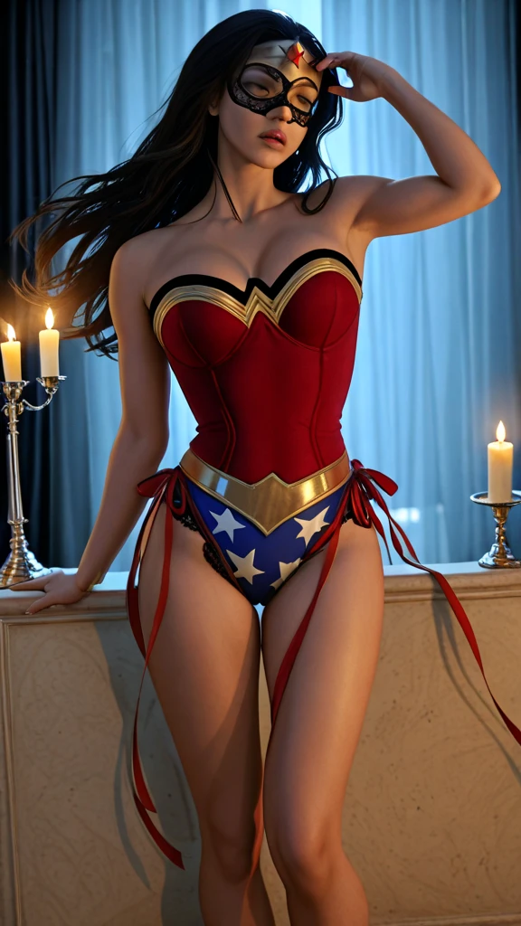 (WONDER WOMAN IN CASTLE PRISON DUNGEONS)), (Wonder Woman is wearing red sneakers), ((WONDER WOMAN SUPERHEROINE, expression of pain and despair, Emotional expression, boca aberta gritando)), (She is wearing pantyhose with a fishnet belt)), (She is terrified, chocolate), (She is crying a lot), ((ela tem cabelo preto, ela tem cabelo longo)), ((She is wearing a thick metal necklace around her neck.)) (She begs for mercy), (Ela esta vestindo roupas imorais, she is wearing indecent clothes), (work-rhyme, melhor qualidade) 1.5, 1 garota, sozinho, (sexy, mulher bonita, rosto perfeito, olhos perfeitos), corpo inteiro. ((She is wearing high-waisted starry lace panties)), (She is standing, painfully on tiptoe), ((Shibari)), ((rope bondage)), ((arms behind the back)), ((Totalmente amarrado)), ((Fortemente contido com cordas))