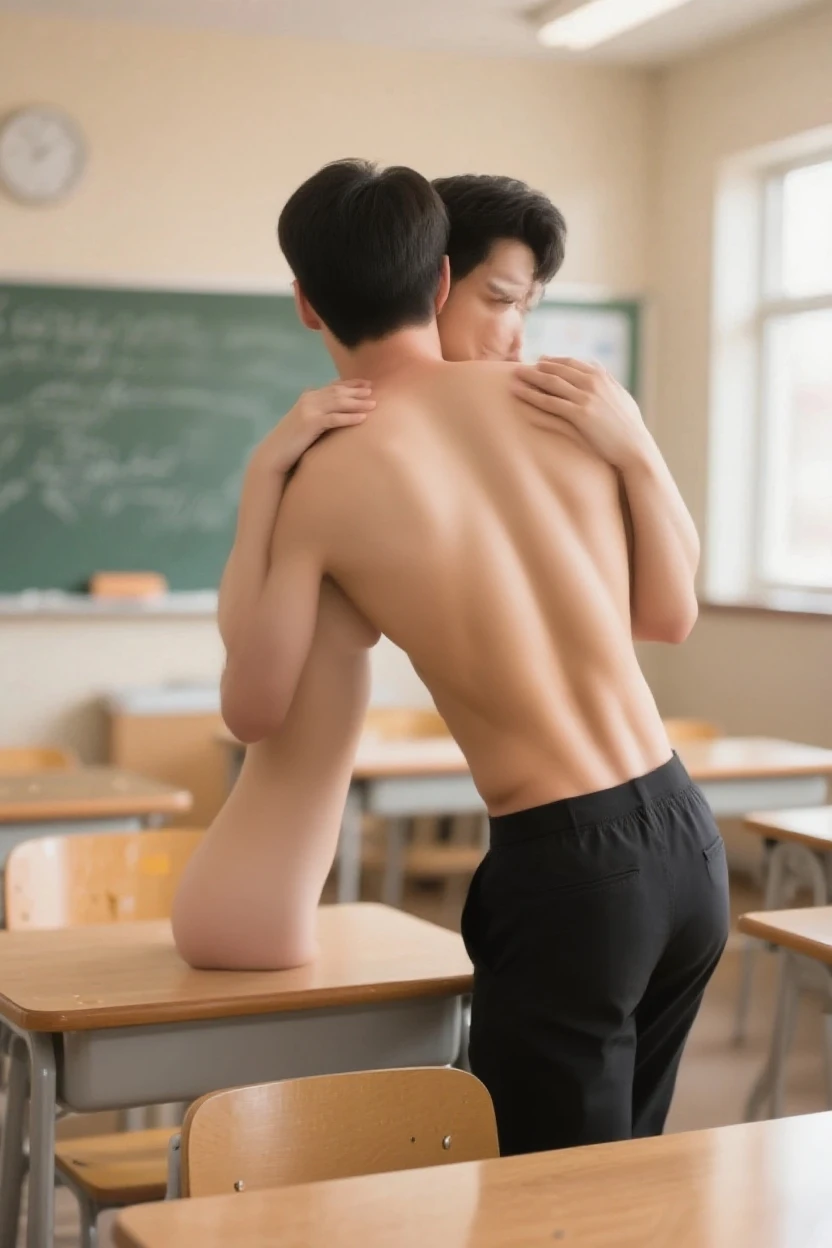 Two handsome Vietnamese men,A teacher and a male student,The teacher is 35 years old, muscular, masculine, lustful, wearing a shirt, open-chested shirt, showing off his body, firm abs and full chest, and tight black pants, clean shaven,The male student is 20 years old, white skin and short black hair, perfect body proportions, wearing a shirt, open-chested shirt, showing off his body, firm abs and full chest, clean shaven, sexy clothes,The teacher stands hugging the male student from behind,Male teacher and male student.The teacher pushes his hips against the male student's butt in a university classroom. Sexy male student. Lustful teacher. Teacher and student. Reality.