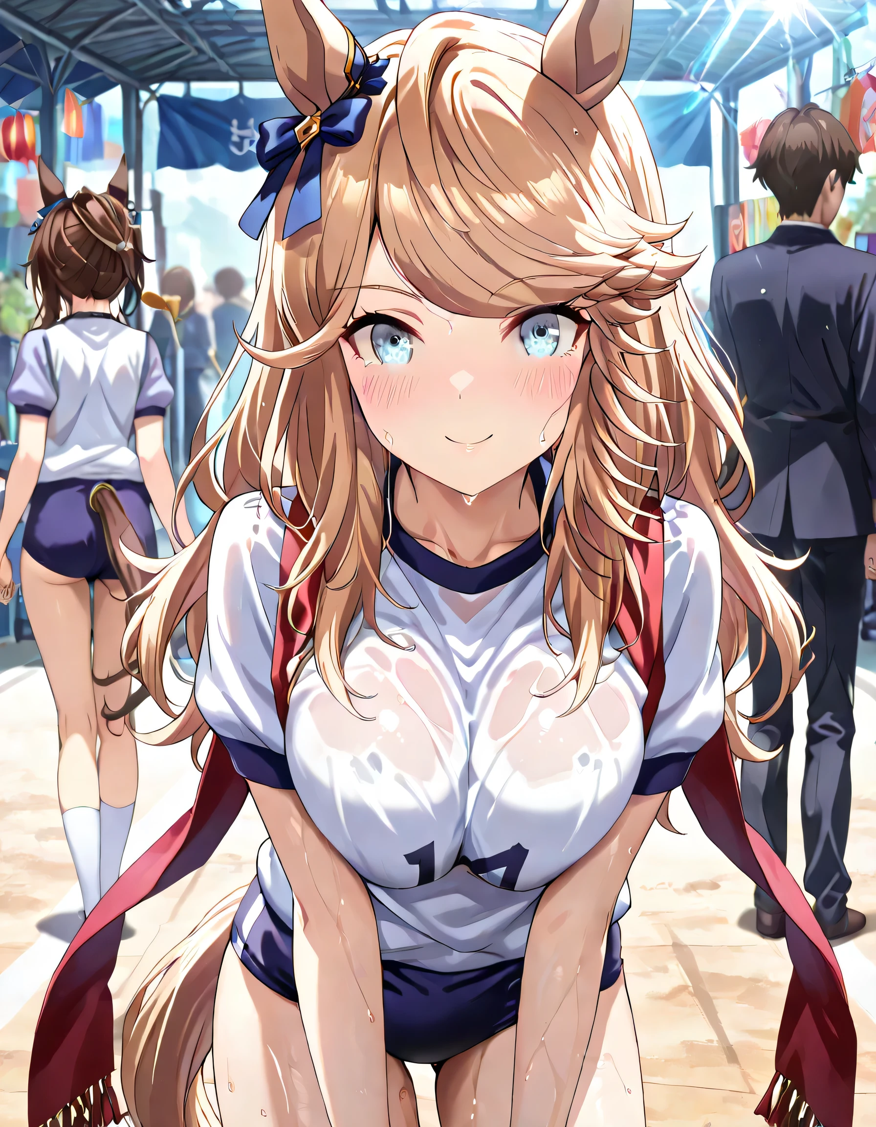 ((ultra-detailed)), (highly detailed CG illustration), (best quality:1.2), ultra-highly detailed, colorful composition, artistic photoshoot, 1girl, solo focus, cowboy shot, moe anime character, girl, dainty facial structure, round face, rounded chin:1.2, short height, Gold City, /(umamusume/), blue nails, Stole on arm, big Stole,
Gold_C, horse ears, horse tail, long hair, bangs, blonde hair, blue eyes, ample breasts, white short sleeve gym uniform with Navy blue rim:1.3, navy blue school gym buruma, sweat:1.2, wet clothes:1.2, smile:1.3, blush:1.3, reached arm, Standing at the racetrackl:1.3, from front:1.2, dynamic pose, contrapposto pose:1.3, best quality, expecting, pink cheek, blush, light pink gloss slip, portrait, depth of field, sparkling sunlight, lighting, backlighting, shine, lighting, caustics, ray tracing, perfect face, lustrous skin, highly detailed face, highly detailed eyes, perfect face, perfect nose, perfect hair, perfect eyes, perfect anatomy, beautiful hair, beautiful small face, extremely detailed face, beautiful detailed eyes, beautiful clavicle, beautiful body, beautiful ample breasts, leavage, breasts squeezed together, equalize the size of the left and right breasts, beautiful thin thighs, beautiful legs, beautiful fingers, (4 fingers), 1 thumb, lovely, (very detailed background:1.0), (highly detailed background:1.0), summer aesthetic, intricate details, festival atmosphere, summer colors palette, chromatic aberration