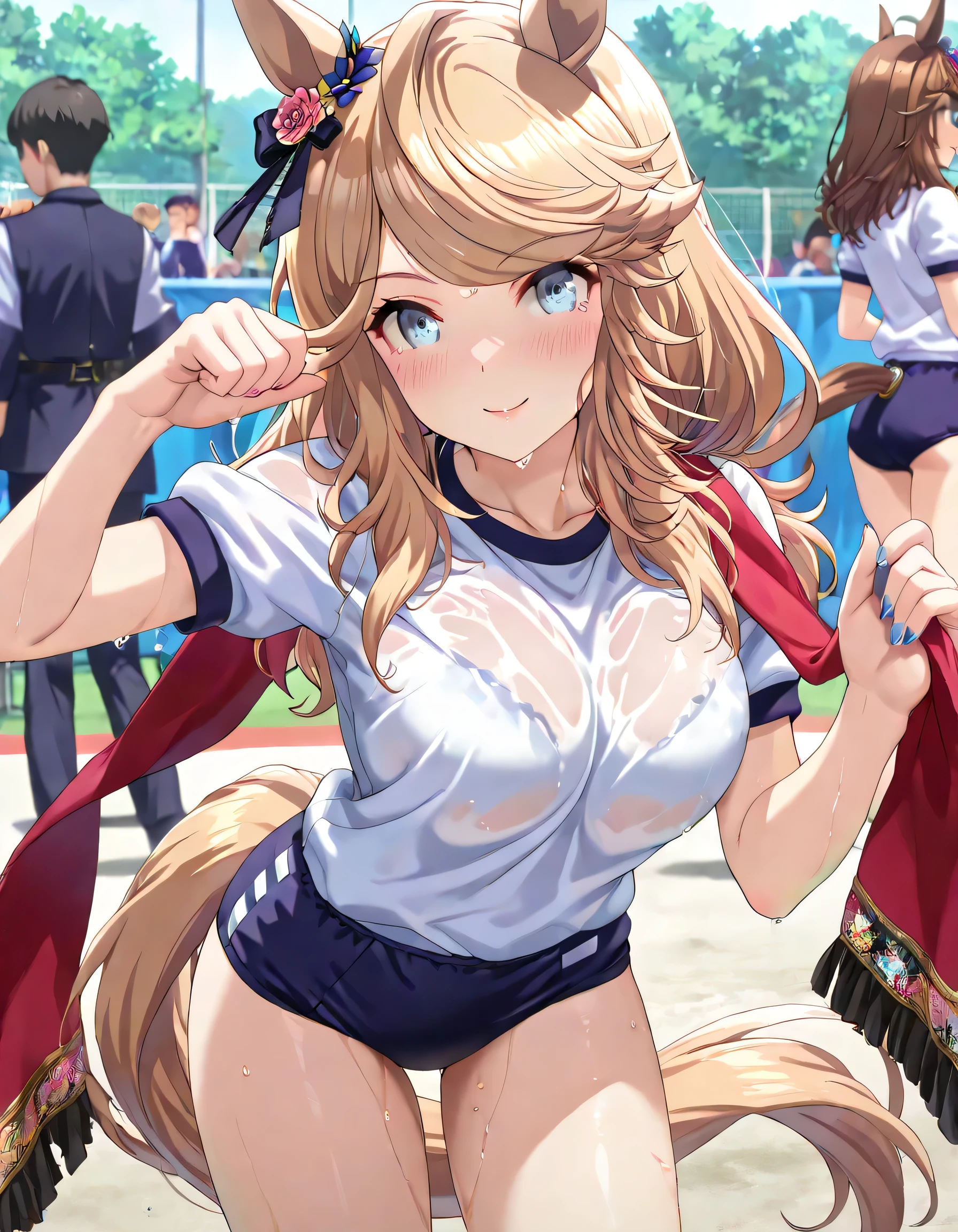 ((ultra-detailed)), (highly detailed CG illustration), (best quality:1.2), ultra-highly detailed, colorful composition, artistic photoshoot, 1girl, solo focus, cowboy shot, moe anime character, girl, dainty facial structure, round face, rounded chin:1.2, short height, Gold City, /(umamusume/), blue nails, Stole on arm, big Stole,
Gold_C, horse ears, horse tail, long hair, bangs, blonde hair, blue eyes, ample breasts, white short sleeve gym uniform with Navy blue rim:1.3, navy blue school gym buruma, sweat:1.2, wet clothes:1.2, smile:1.3, blush:1.3, reached arm, Standing at the racetrackl:1.3, from front:1.2, dynamic pose, contrapposto pose:1.3, best quality, expecting, pink cheek, blush, light pink gloss slip, portrait, depth of field, sparkling sunlight, lighting, backlighting, shine, lighting, caustics, ray tracing, perfect face, lustrous skin, highly detailed face, highly detailed eyes, perfect face, perfect nose, perfect hair, perfect eyes, perfect anatomy, beautiful hair, beautiful small face, extremely detailed face, beautiful detailed eyes, beautiful clavicle, beautiful body, beautiful ample breasts, leavage, breasts squeezed together, equalize the size of the left and right breasts, beautiful thin thighs, beautiful legs, beautiful fingers, (4 fingers), 1 thumb, lovely, (very detailed background:1.0), (highly detailed background:1.0), summer aesthetic, intricate details, festival atmosphere, summer colors palette, chromatic aberration