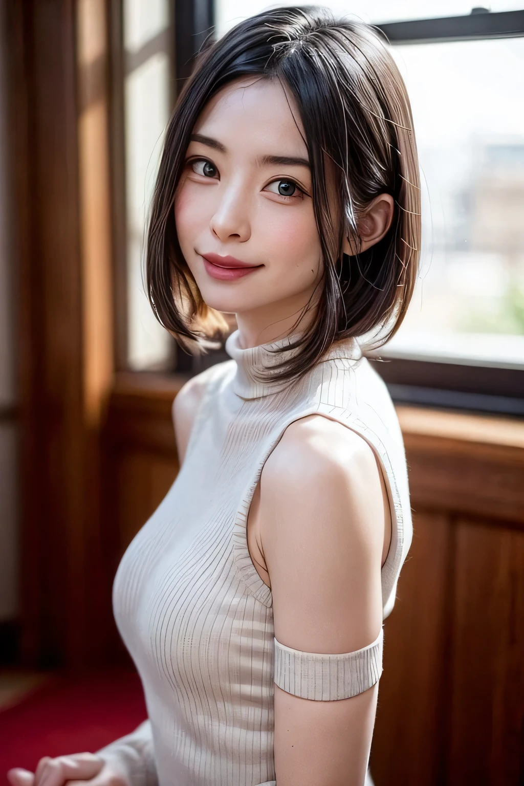(masutepiece, top-quality、Very attractive adult beauty、Add intense highlights to the eyes、Look firmly at the camera:1.4、Beautiful woman full of adult charm、Ideal ratio body proportions、Perfect Anatomy、Brunette Short Bob Hair、Lustrous hair、lipgloss),1girl in, 独奏, Light brown shiny hair, muffler,realisitic, looking at the viewers、Tilt your head slightly, Bright colored crystal light blue eyes, short shiny hair、 White turtleneck outfit with a hole in the center of the chest,Sexy white turtleneck knit sweater with a round hole in the middle of the chest、 s lips, lipgloss,bangss, The upper part of the body、big eye、Lashes、The face is a little red、Embarrassing)、((Road system in Italy in winter))、((Shorthair with bangs、big eye、Put very strong highlights in your students、{Gigantic|Big|Huge|Mega} breasts:1.4、beautiful deep valley、very Bigger breasts:1.4、gazing at viewer、Very beautiful beauty、Put your ears out、Long and beautiful Zhu Lake 1.4、little smiling、Beautiful teeth、Open your mouth and smile、Heart-shaped pupil))、28 year old、Very cute supermodel、