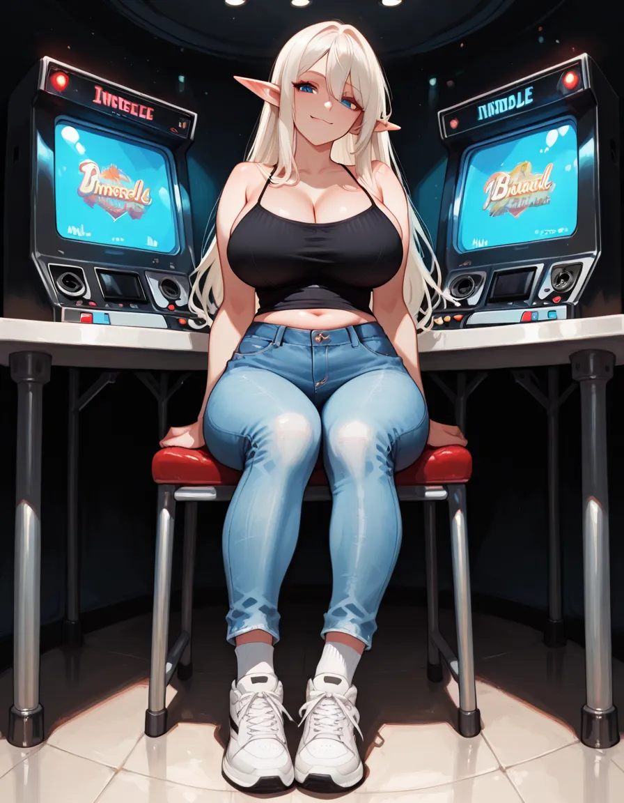A blond girl with blue eyes and big boobs in a tight clothes in a game store holding a PlayStation 5 with an horny look on her face