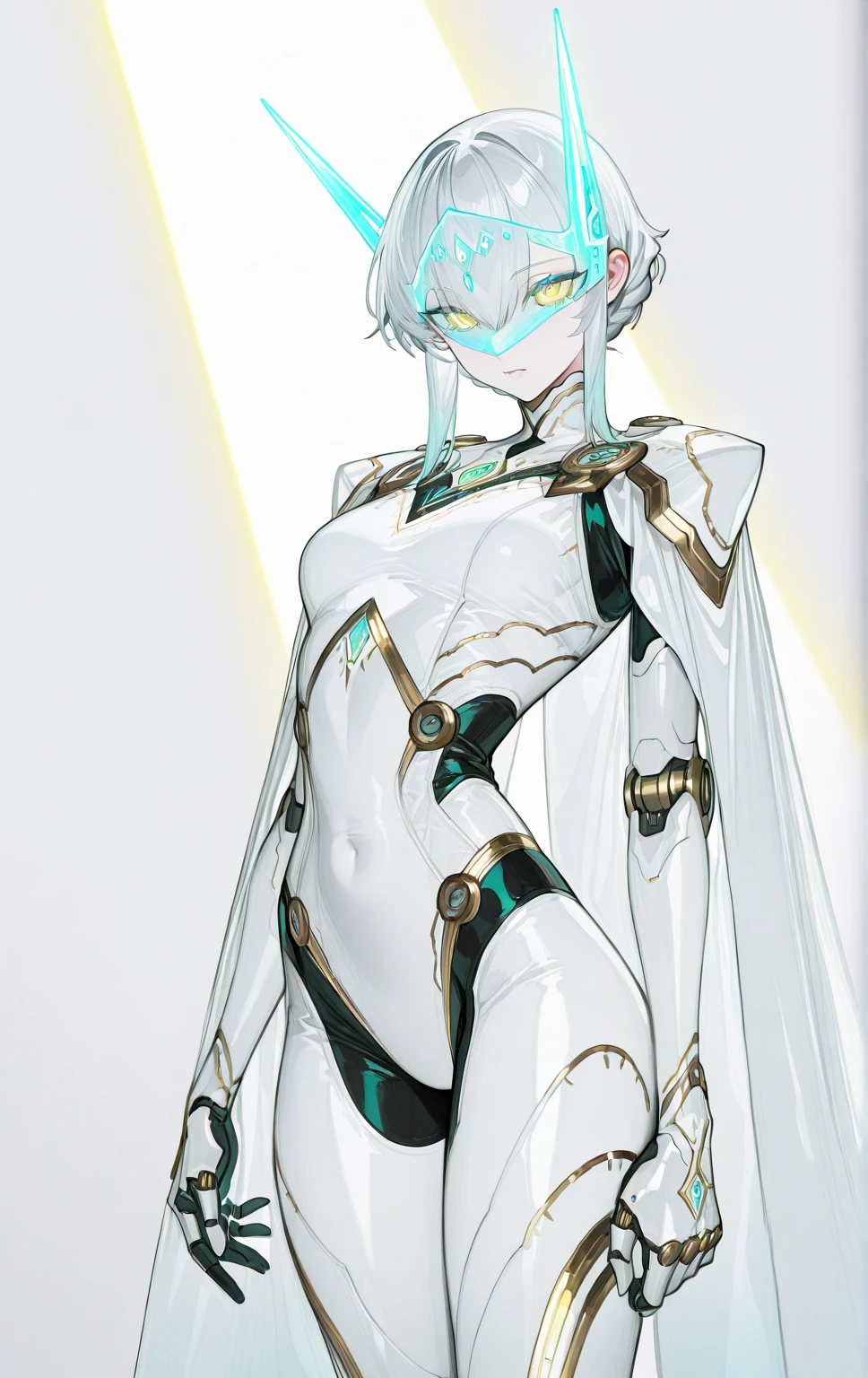 Wearing a futuristic white and grey combat suit,The suit fits the body perfectly with a tight upper body design,High neck,Protective suit for the neck,Accented with black lines and metallic decorations。
Protector on shoulder、Long gloves on the arms、This one is also in white and grey,The gloves have mechanical parts that give them a futuristic look.。
A long skirt from the waist of a suit、Outside is white、The inside is light purple,This skirt sways with your movements.、Makes character movements look graceful,
Tight pants under the skirt,The feet are in boots with a heavy design,The boots are mainly black、It matches the whole suit,
He carries a large black and green weapon on his shoulder.、Axe-like shape、Futuristic Design、There are fine details、It enhances the mechanical impression.、