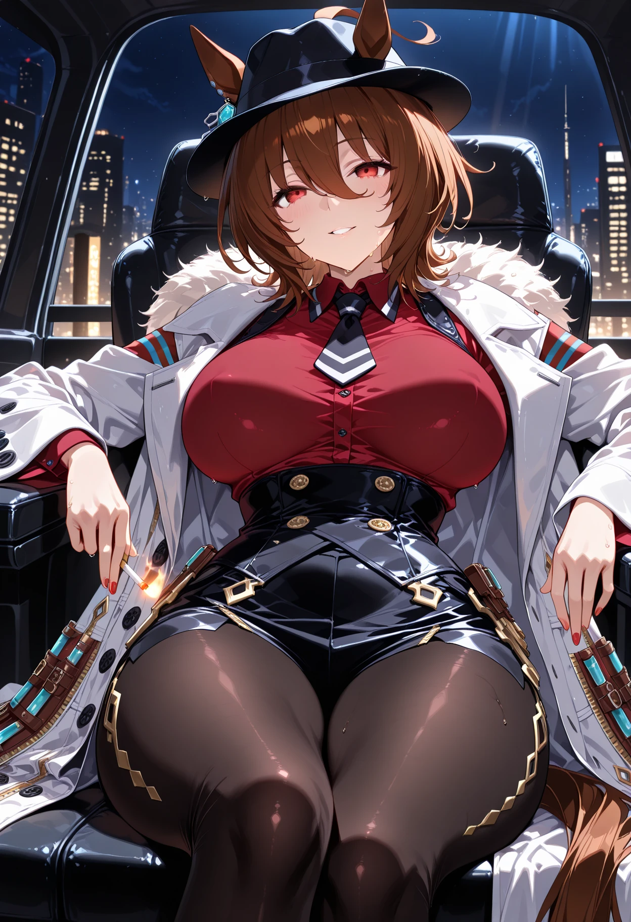 <lora:persona3_kirijou-12:1> kirijoarena, hair over one eye, fur coat, bodysuit, belt
masterpiece, best quality, absurdres, dominant female, smile, looking at viewer, sitting in limousine