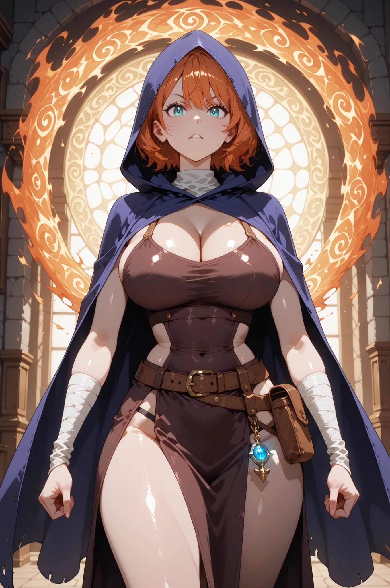 A mysterious figure exudes an aura of magic and intrigue. The character wears a dark, hooded cloak that drapes over a rugged tunic, giving off a medieval or fantasy vibe. Straps and belts wrap around the chest and waist, securing a pouch at their side. A striking feature is the glowing, fiery orange spiral hovering above their open palm, suggesting the use of magic or mystical powers. The chest area of the garment is notably worn and frayed, with a swirling pattern that mirrors the flame in their hand, hinting at an inner magical force. The lighting casts soft shadows, enhancing the enigmatic and otherworldly atmosphere, while the muted, earthy color palette adds depth to the scene, evoking a sense of ancient power and mystery.