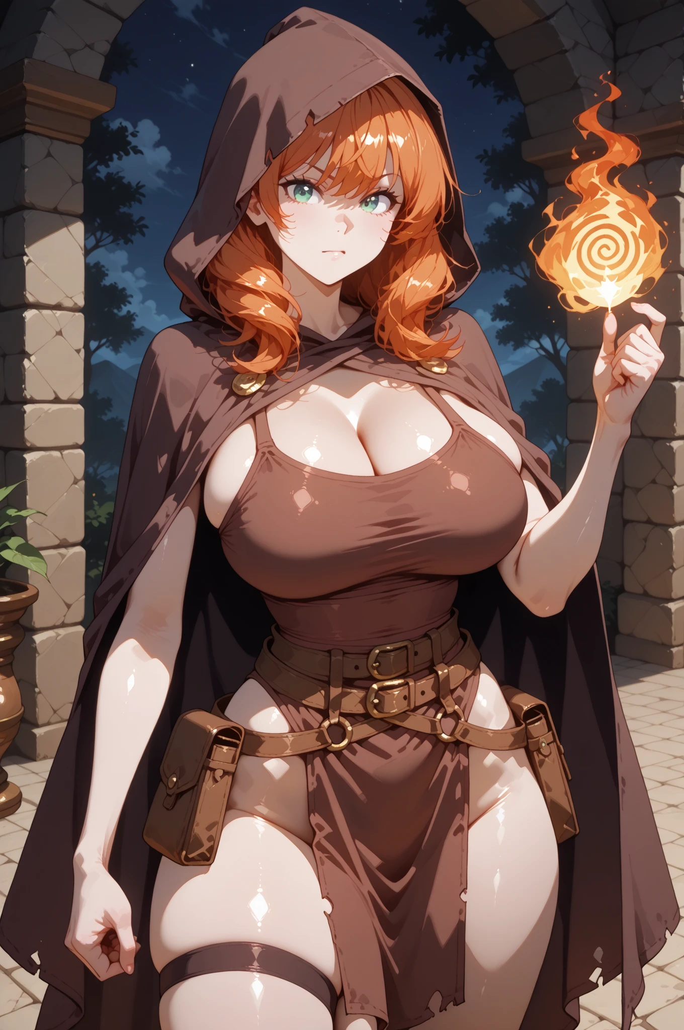 A mysterious figure exudes an aura of magic and intrigue. The character wears a dark, hooded cloak that drapes over a rugged tunic, giving off a medieval or fantasy vibe. Straps and belts wrap around the chest and waist, securing a pouch at their side. A striking feature is the glowing, fiery orange spiral hovering above their open palm, suggesting the use of magic or mystical powers. The chest area of the garment is notably worn and frayed, with a swirling pattern that mirrors the flame in their hand, hinting at an inner magical force. The lighting casts soft shadows, enhancing the enigmatic and otherworldly atmosphere, while the muted, earthy color palette adds depth to the scene, evoking a sense of ancient power and mystery.