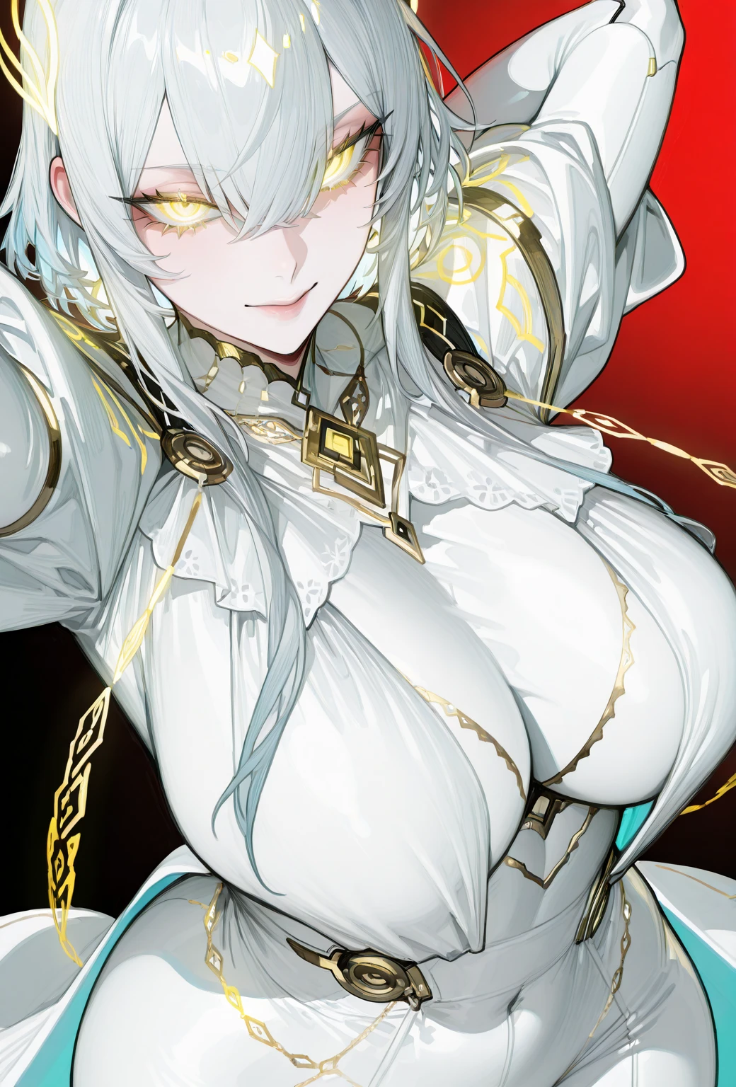 depth of field, focus_on_face, wet skin, embarrassed, 1girl, yellow eyes, (anger), gold horns, (silver armor), metal, complex pattern, corner, cape, indifference, huge breast, full body, blushing, sweating, nervous, silver hair, pale skin, exposed nipples