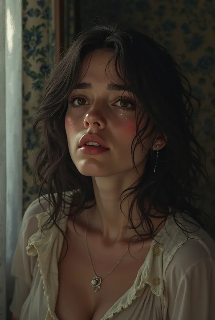a hyper-realistic portrait of a young woman, half asleep, under a tree, inside a forest, lots of rain, in the middle of nature, 22 years old, realistic, (lying on her side), she is wearing a red panties, (wearing minimal dress), sexy, (huge breasts 2:1), wet clothing, short brown hair, (hair tied with bows), curved, SFW
